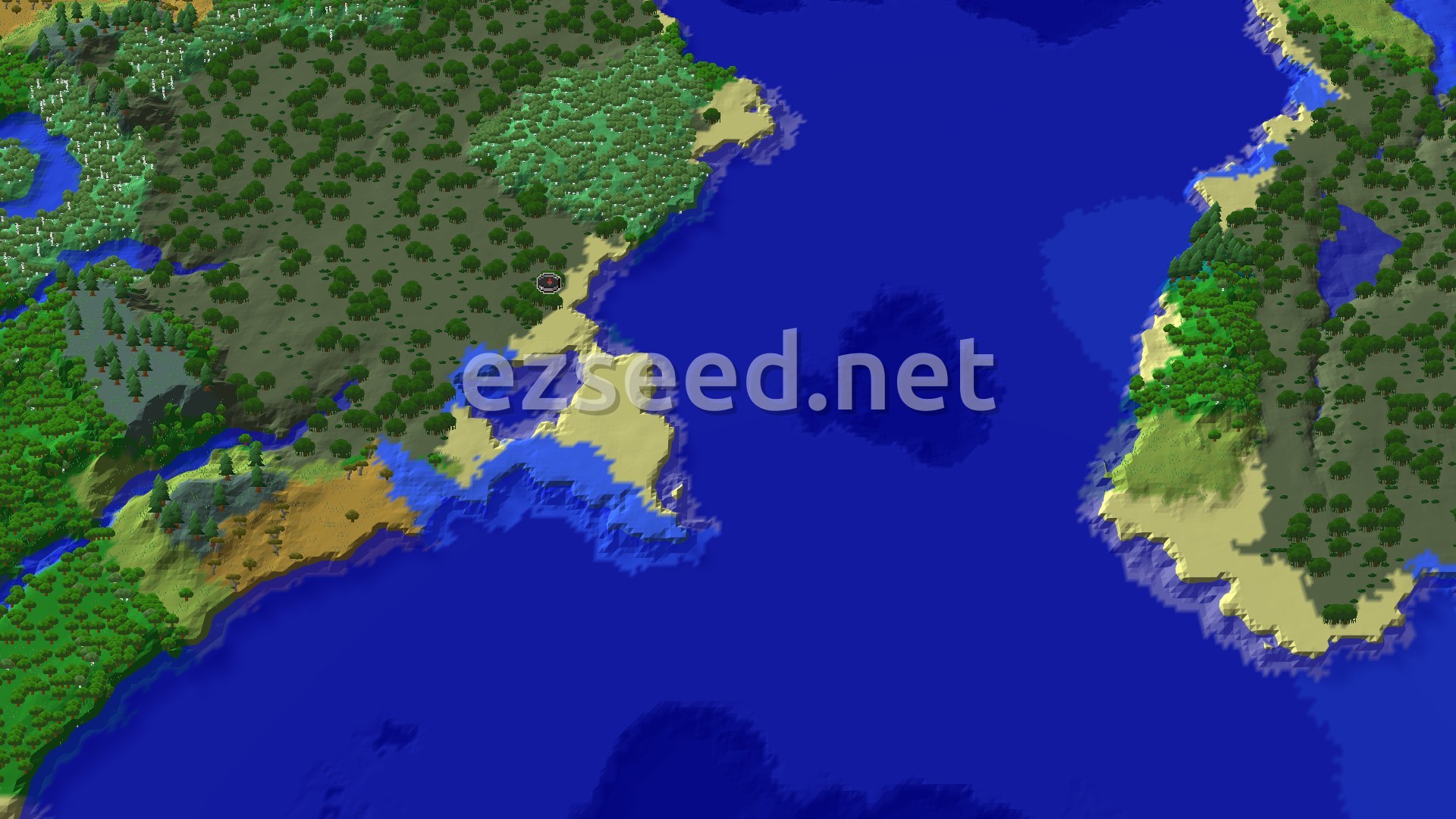 Aerial Minecraft seed map — Spawn in a Swamp, with a Woodland Mansion a short trip away