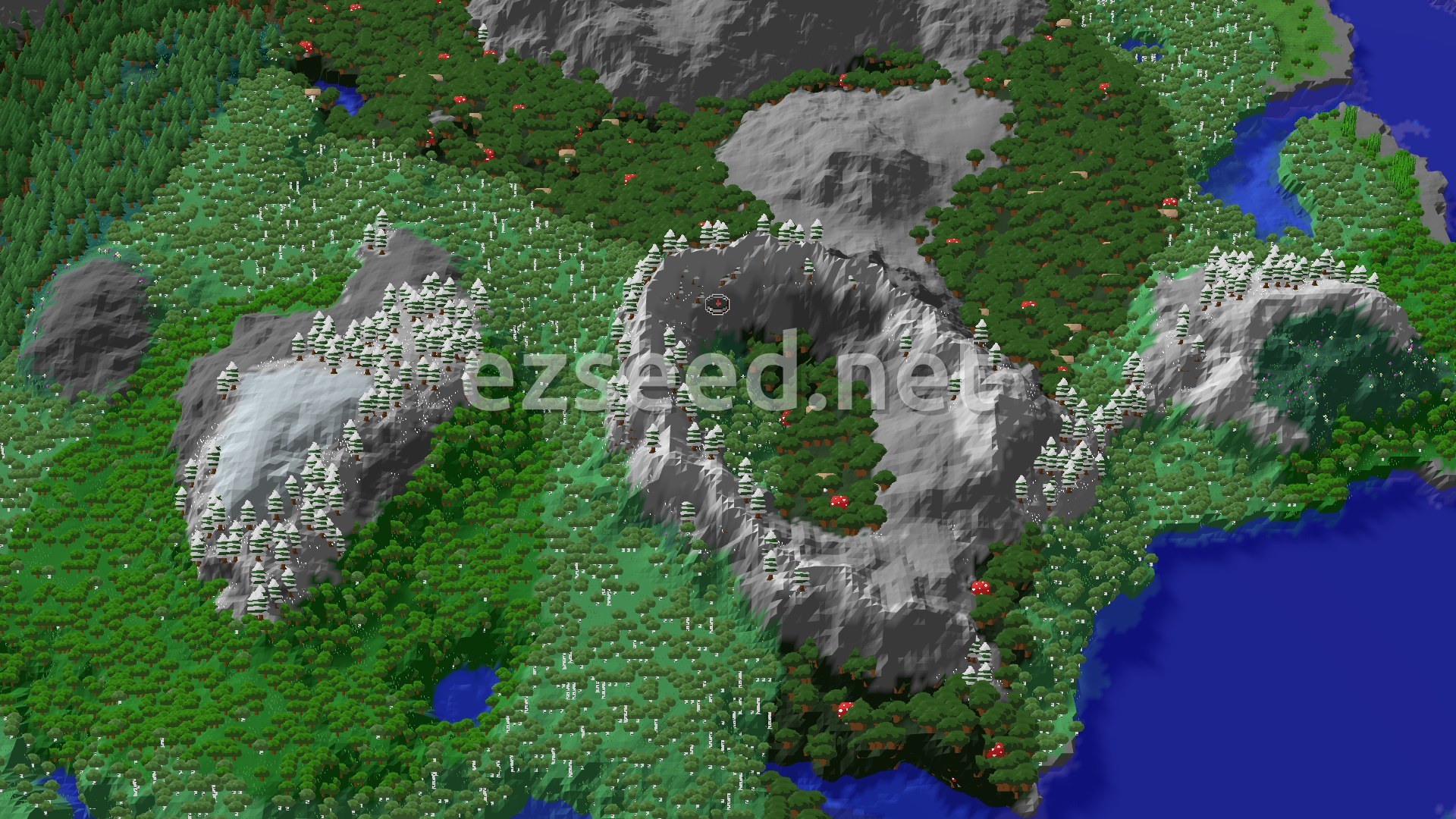 Aerial Minecraft seed map — A Mountainous Start with Nearby Village