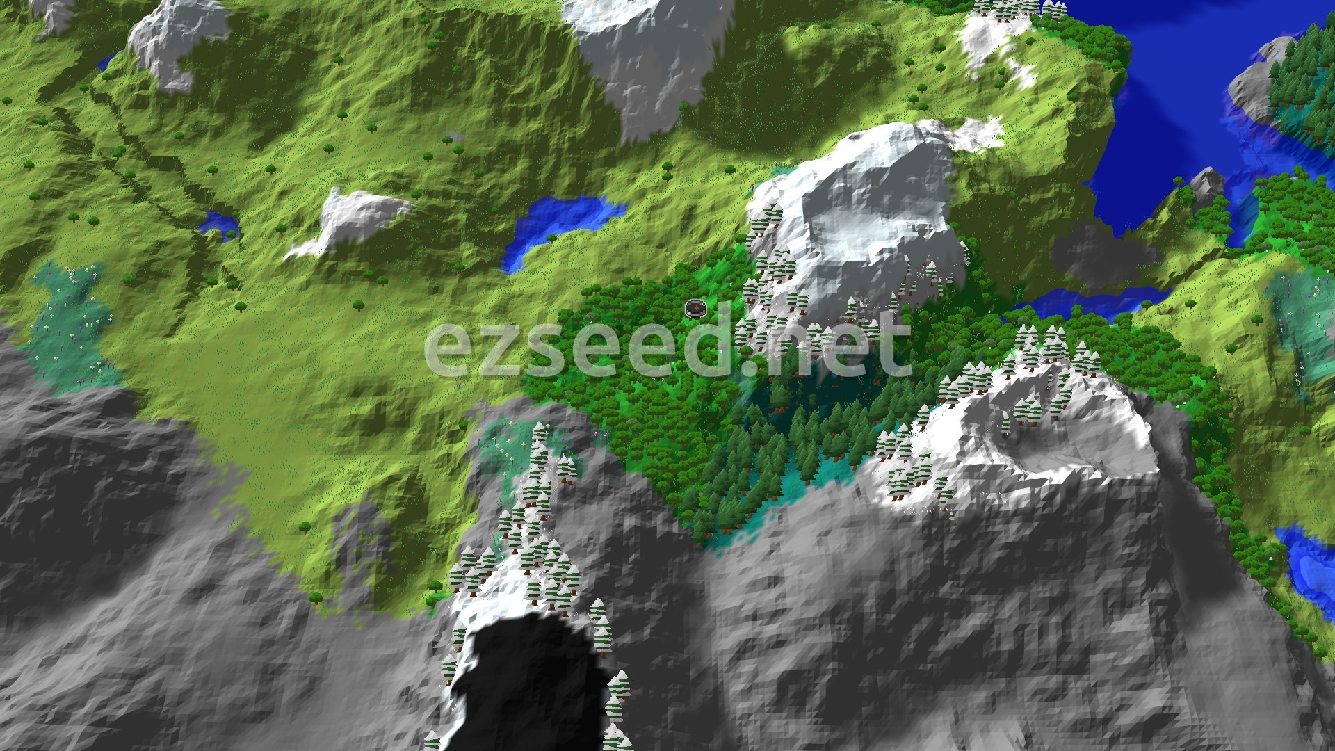 An aerial view of a diverse landscape featuring a central forest surrounded by rolling green hills, lakes, and snow-capped mountains.