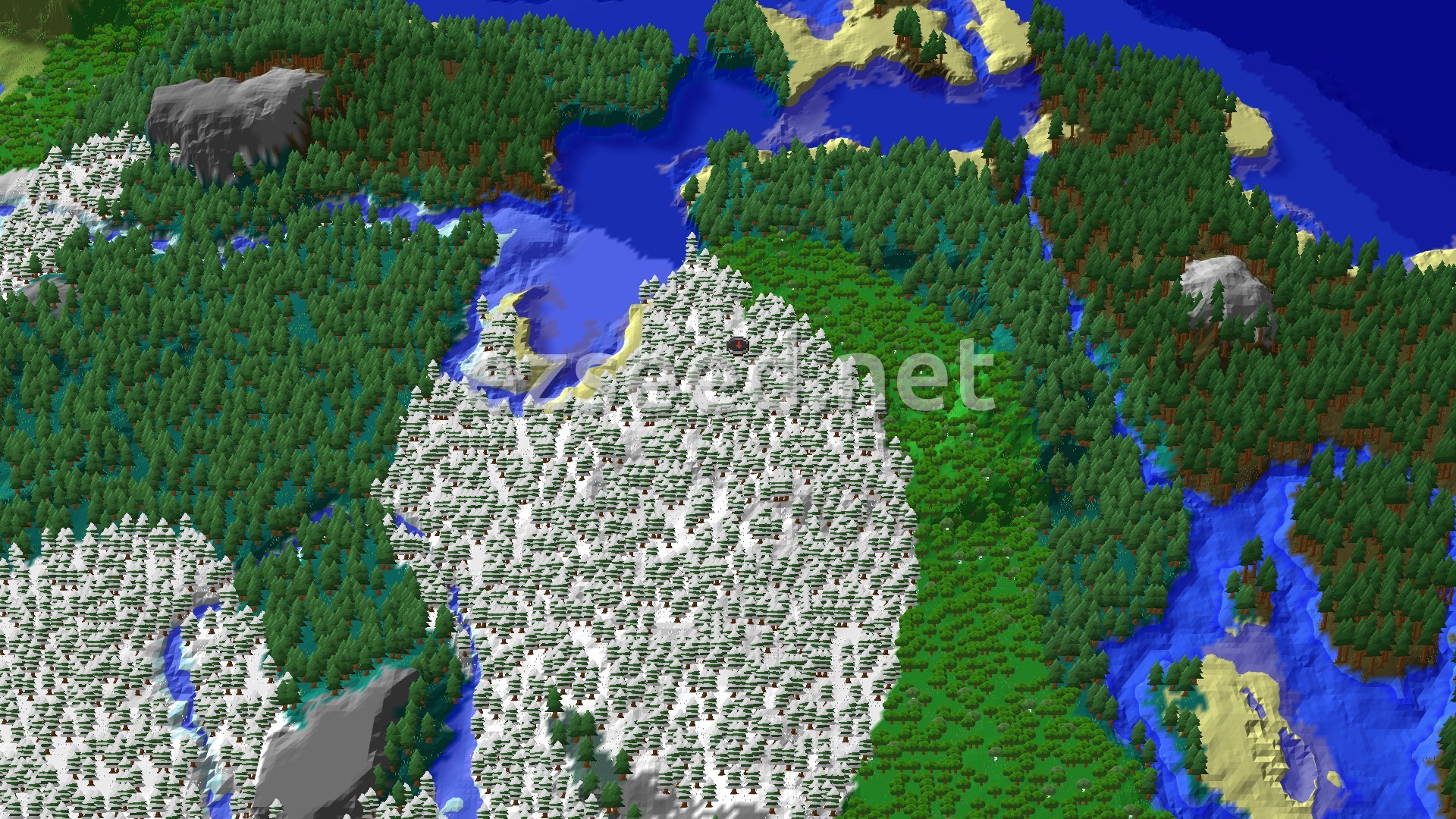 Aerial Minecraft seed map — Snowy Taiga Spawn with Nearby Village