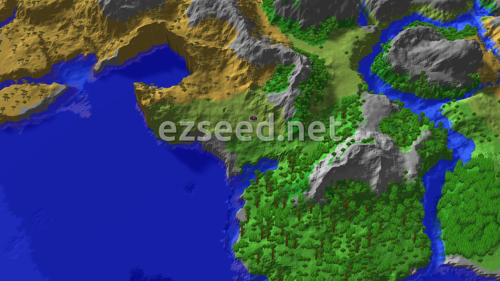 Aerial Minecraft seed map — A Jungle Journey with Close Peaks and Trial Chambers