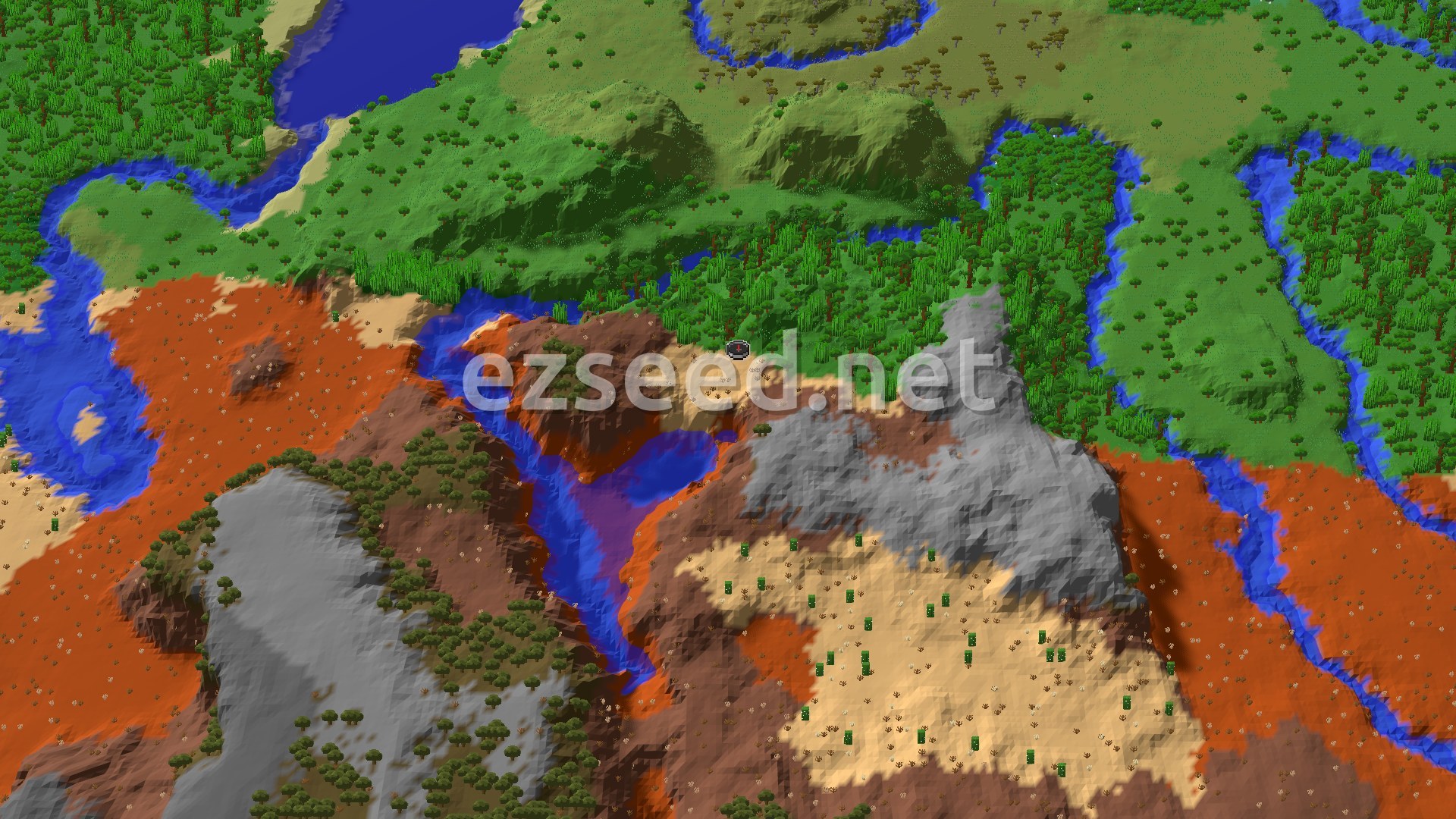 Aerial Minecraft seed map — Spawn in a Desert Village, Explore Badlands Nearby