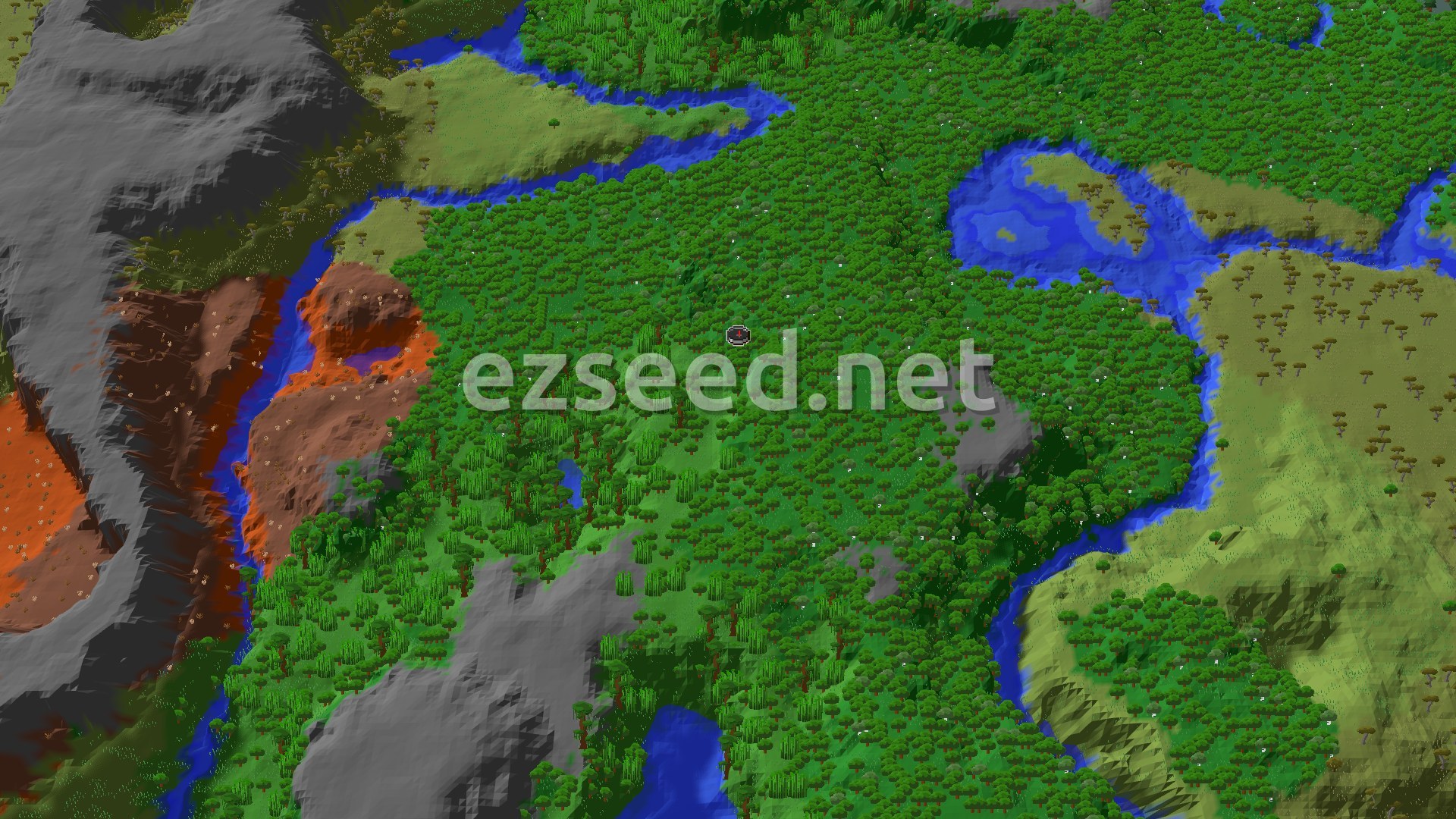 Aerial Minecraft seed map — A Lush Jungle Start with Nearby Badlands and Savanna