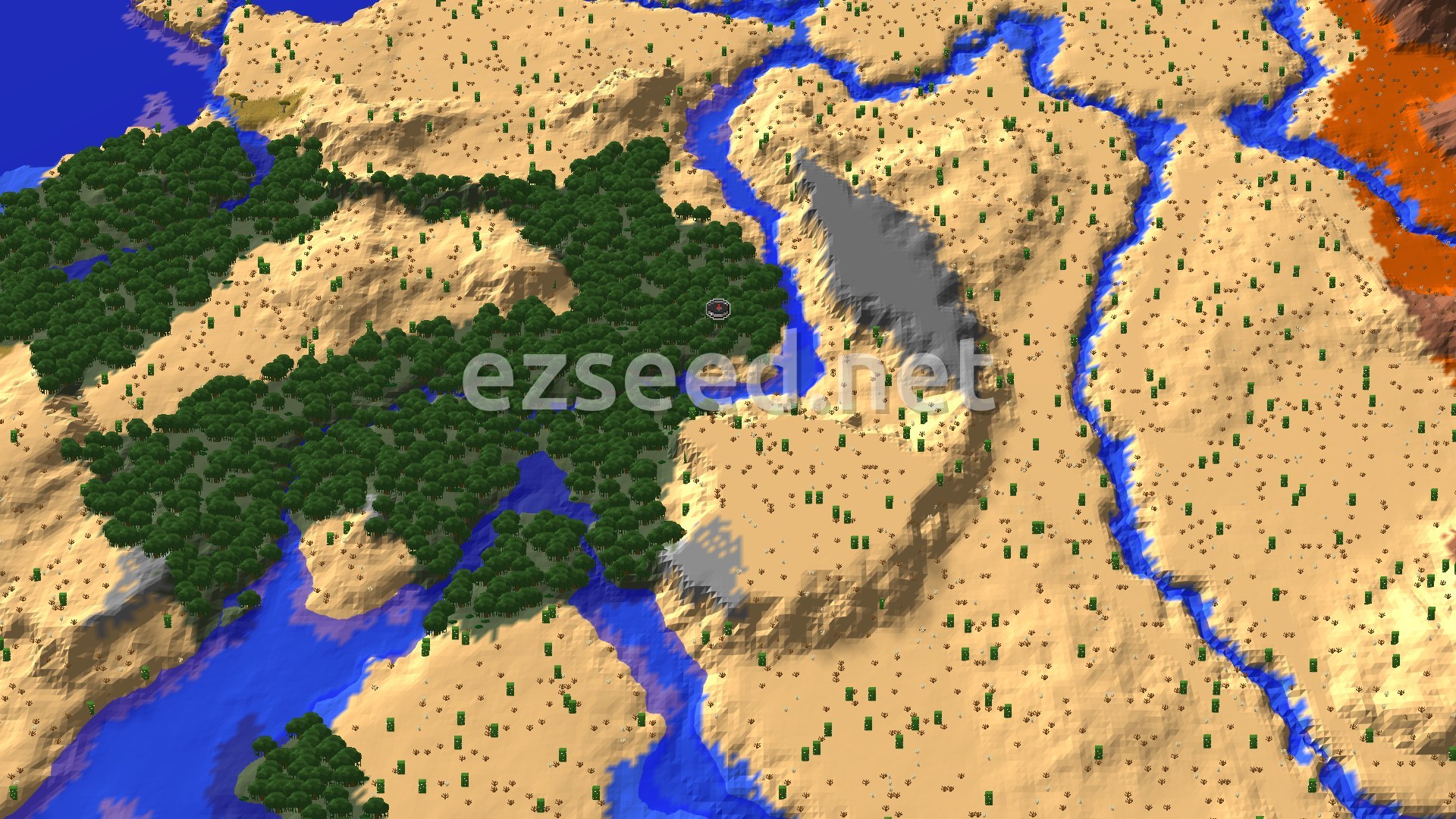 A 3D overhead view of a diverse landscape featuring a lush green mangrove swamp with dark green trees and murky water, bordered by a wide, arid desert with scattered cacti and a winding blue river. A small red and white spawn marker sits in the center of the mangrove trees.