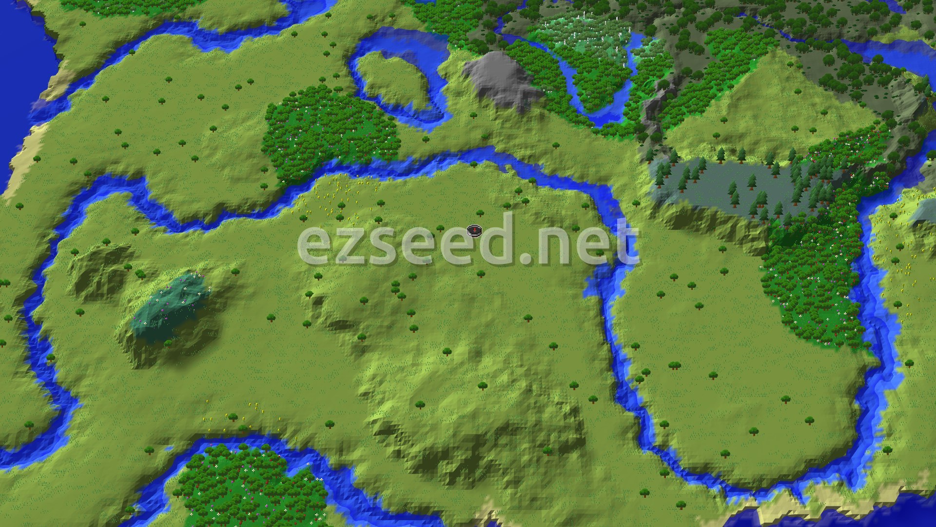 Aerial Minecraft seed map — Plains Spawn with Nearby Flower Forest and Swamp