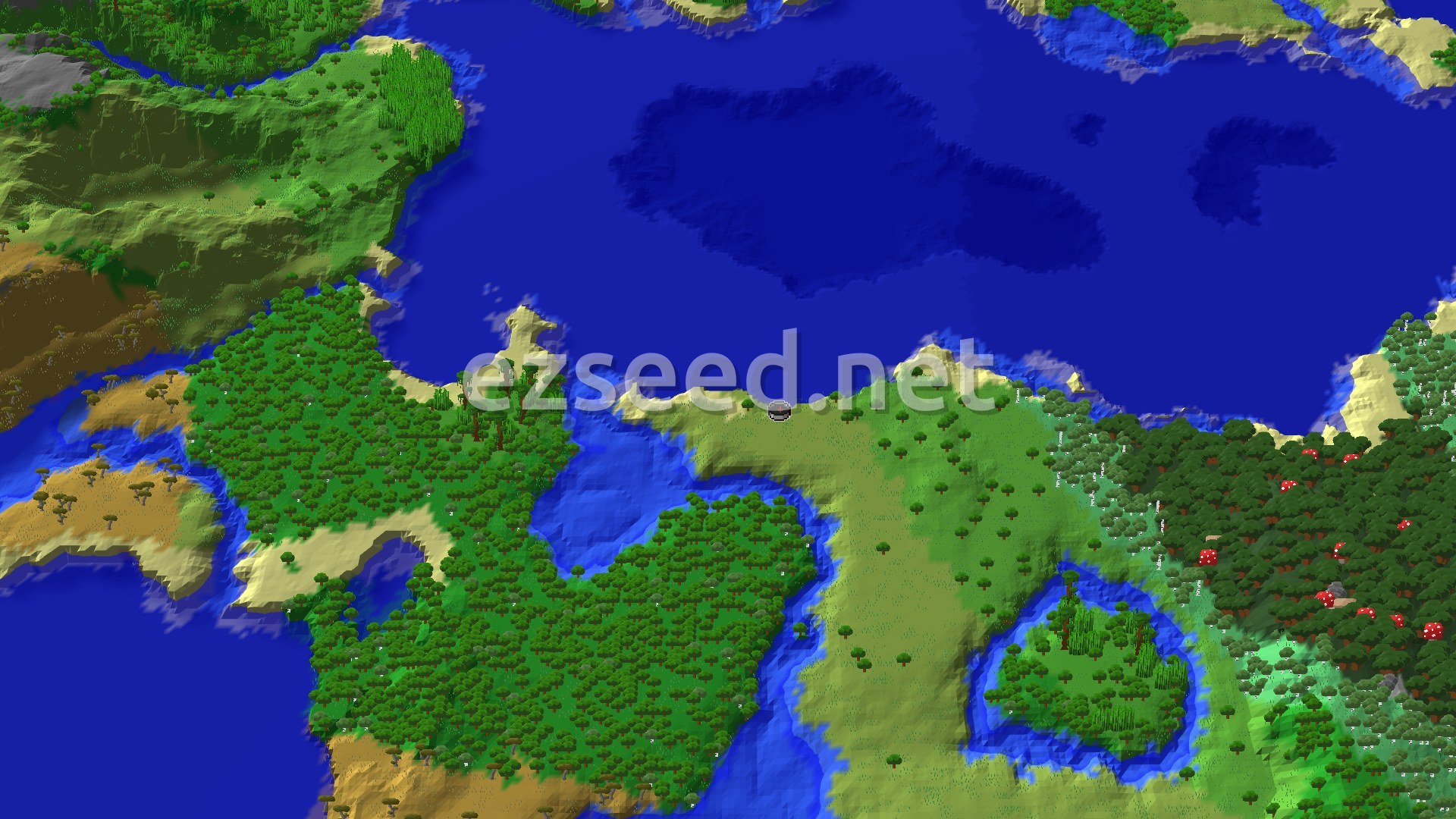 Aerial Minecraft seed map — Woodland Mansion and Stronghold Near Spawn