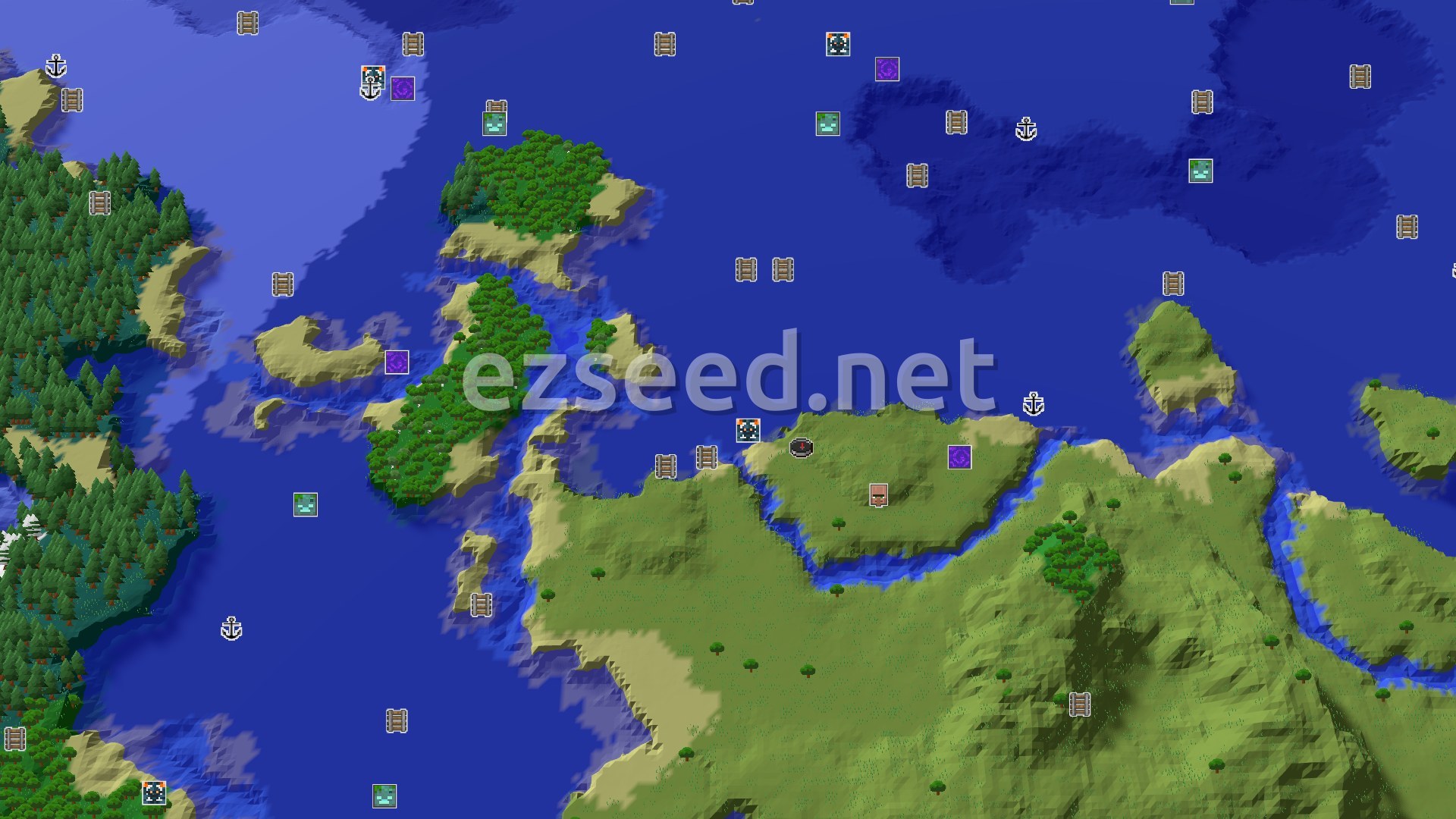 An overhead view of a diverse landscape with a central landmass surrounded by extensive oceans and several smaller islands. Plains and forests cover the main land, with rivers winding through, leading to large bodies of water.