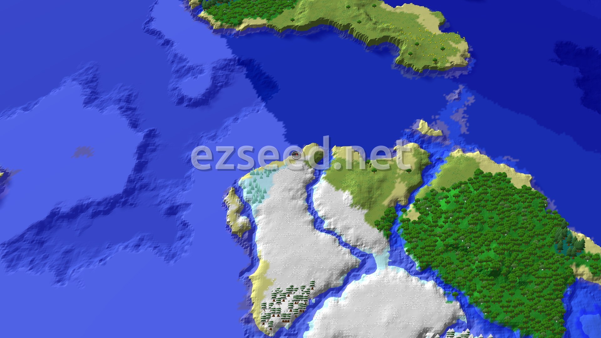 Aerial Minecraft seed map — Ice Spikes and Warm Ocean Farmland