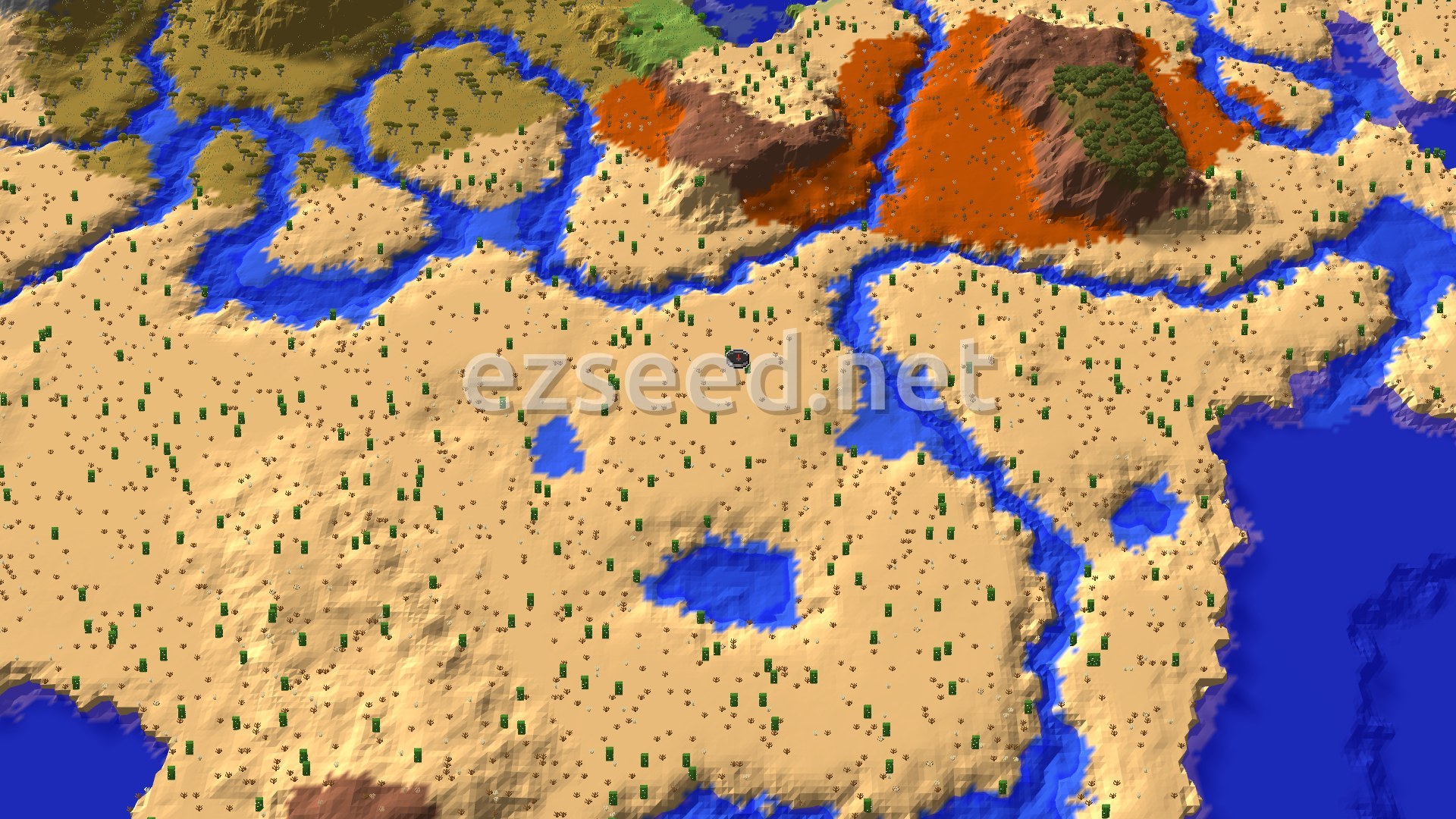 An aerial view of a desert biome with scattered cacti, surrounded by rivers and patches of badlands terrain. A large body of blue water is visible to the east.