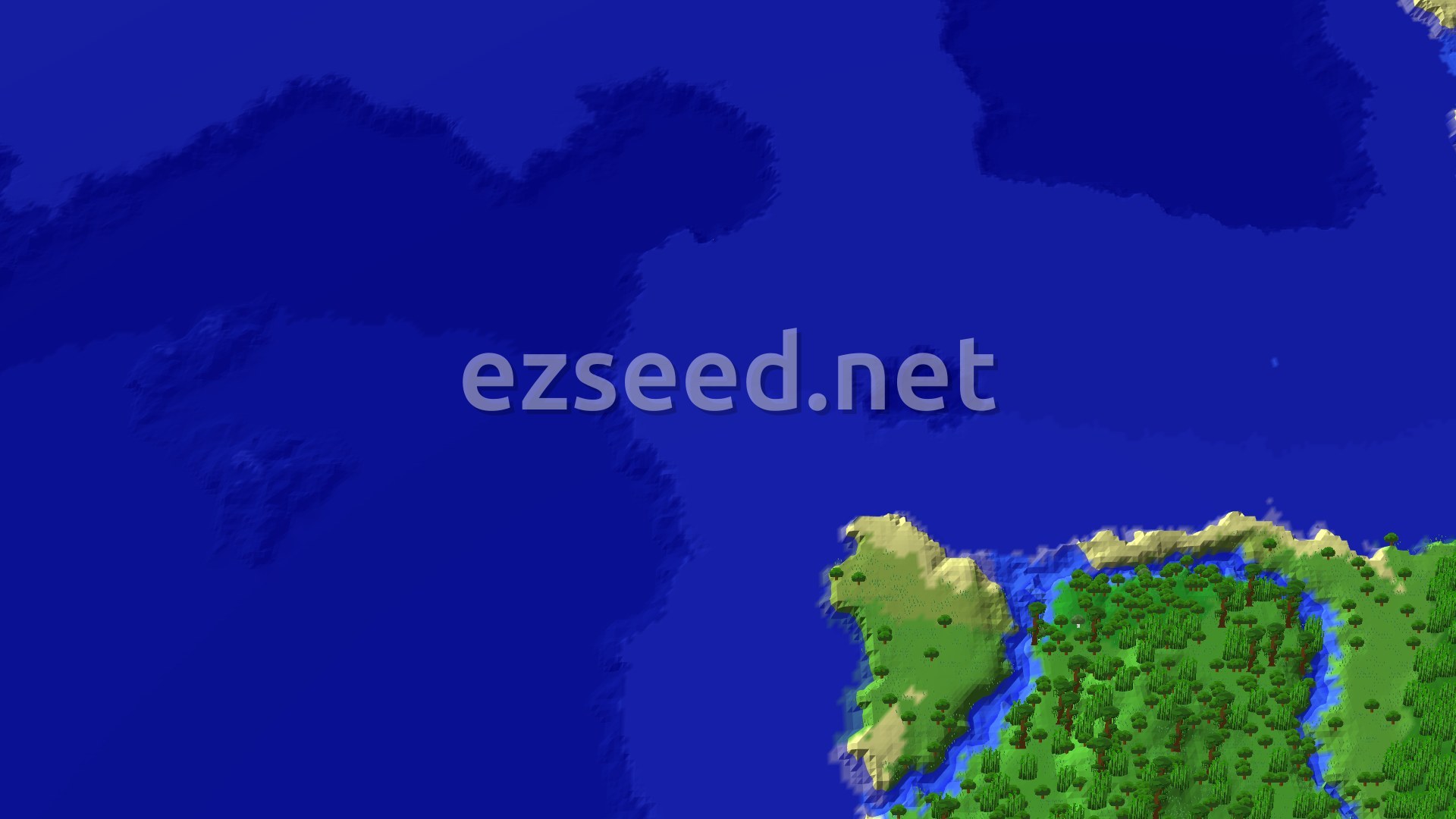 A 3D fly-over of a dense jungle biome with a river winding through it, bordered by beaches and ocean, with a small spawn marker in the jungle.