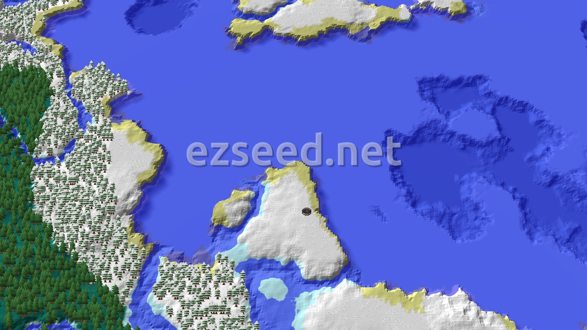 Aerial Minecraft seed map — Frozen Ocean Start with Close Structures