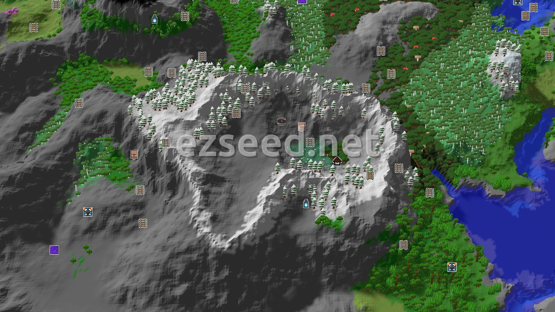 Aerial Minecraft seed map — Quick Village Start with Nearby Peaks
