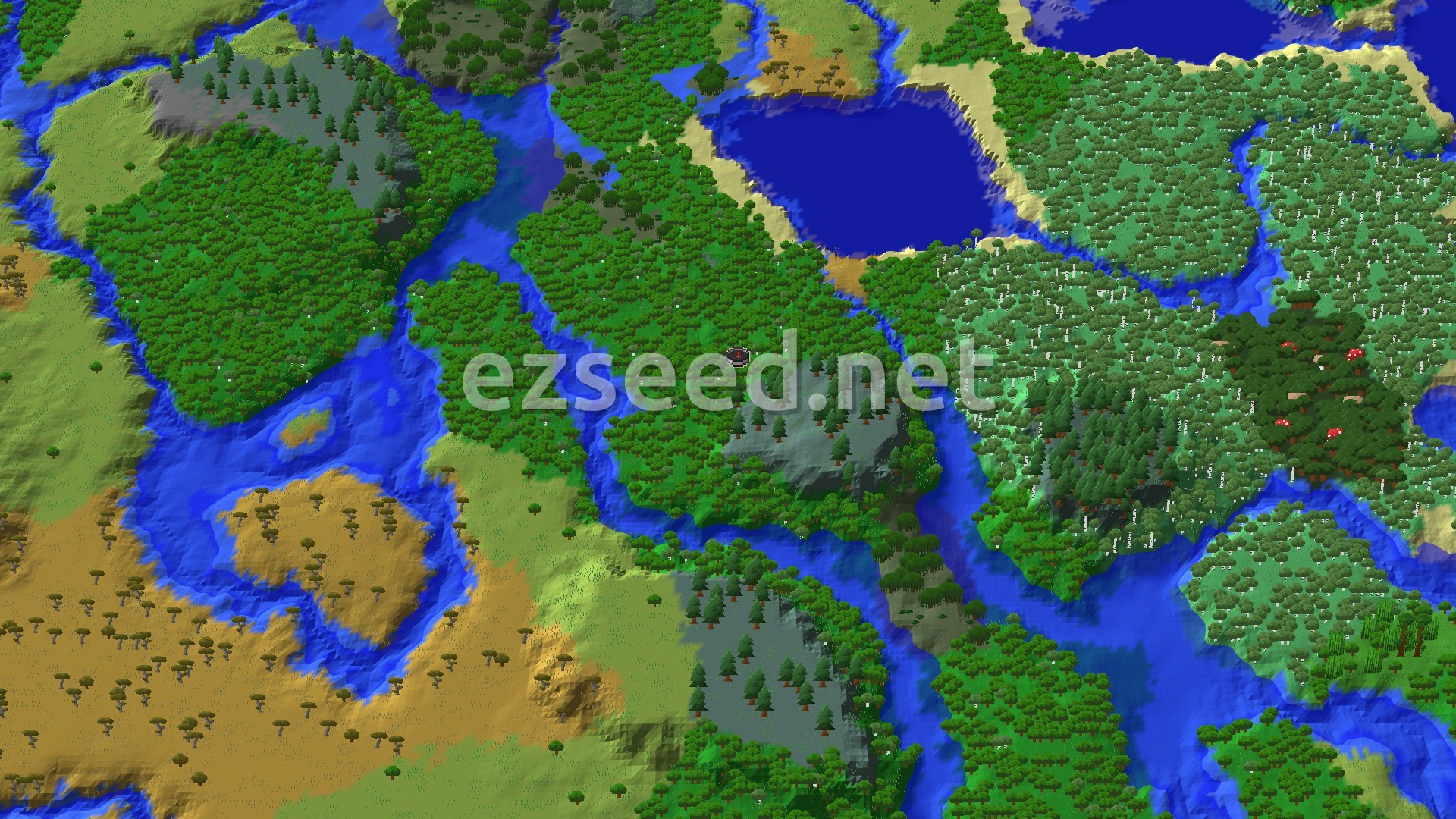 An overhead 3D view of a Minecraft landscape, showing a dense forest biome at the center with a marker, surrounded by rivers and some open plains. Hills are visible to the north, covered in coniferous trees.