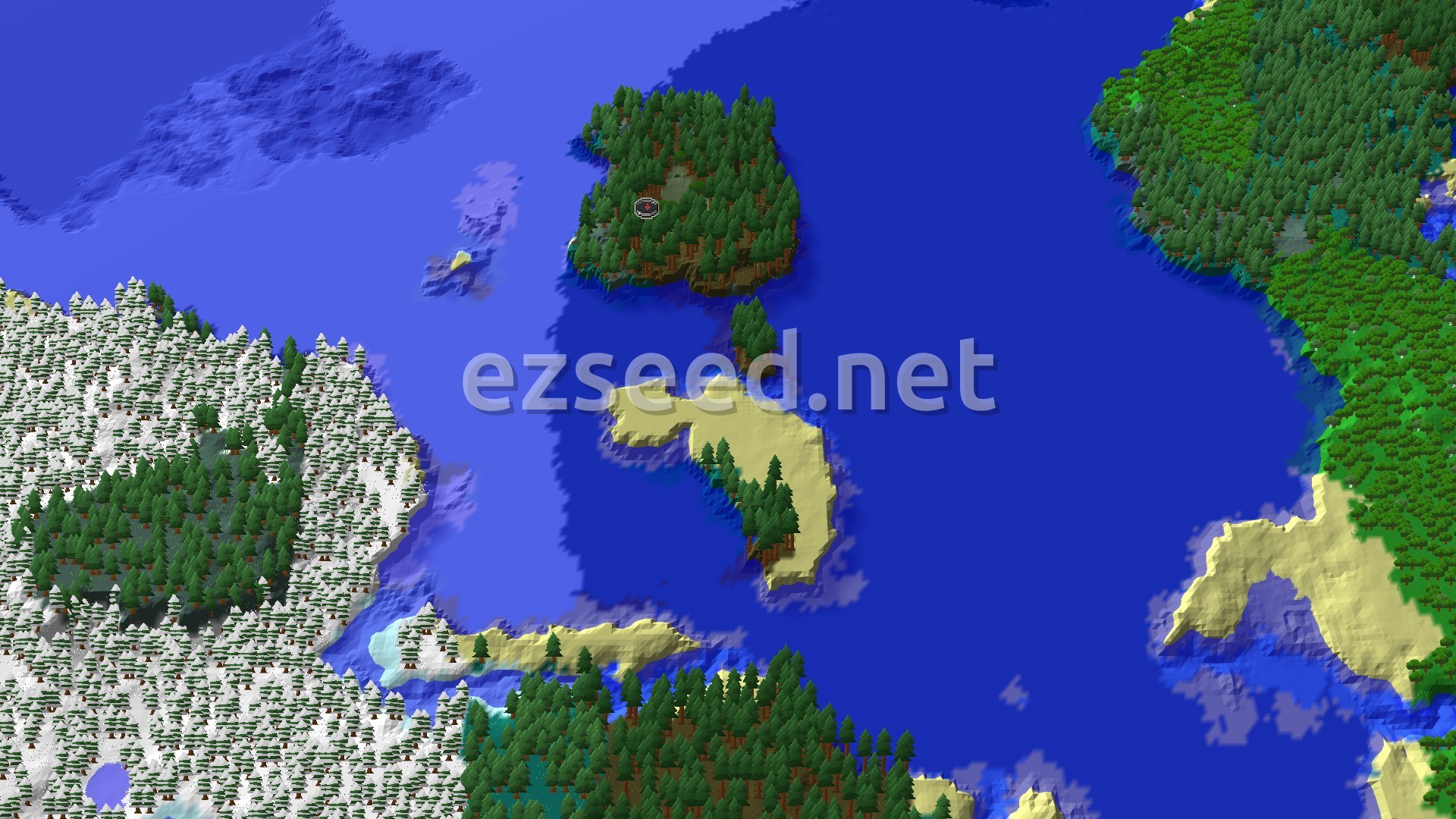 Aerial Minecraft seed map — Spawn in a Pine Taiga with Nearby Structures