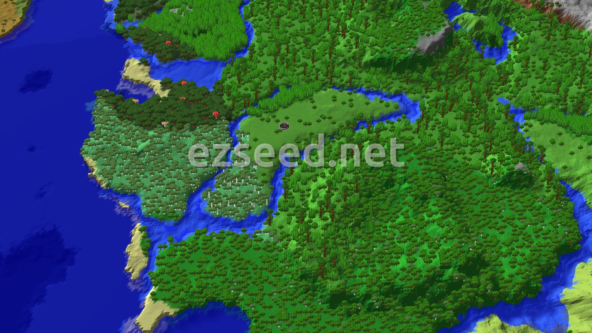 Aerial Minecraft seed map — Jungle Spawn with Nearby Trial Chambers and Bamboo