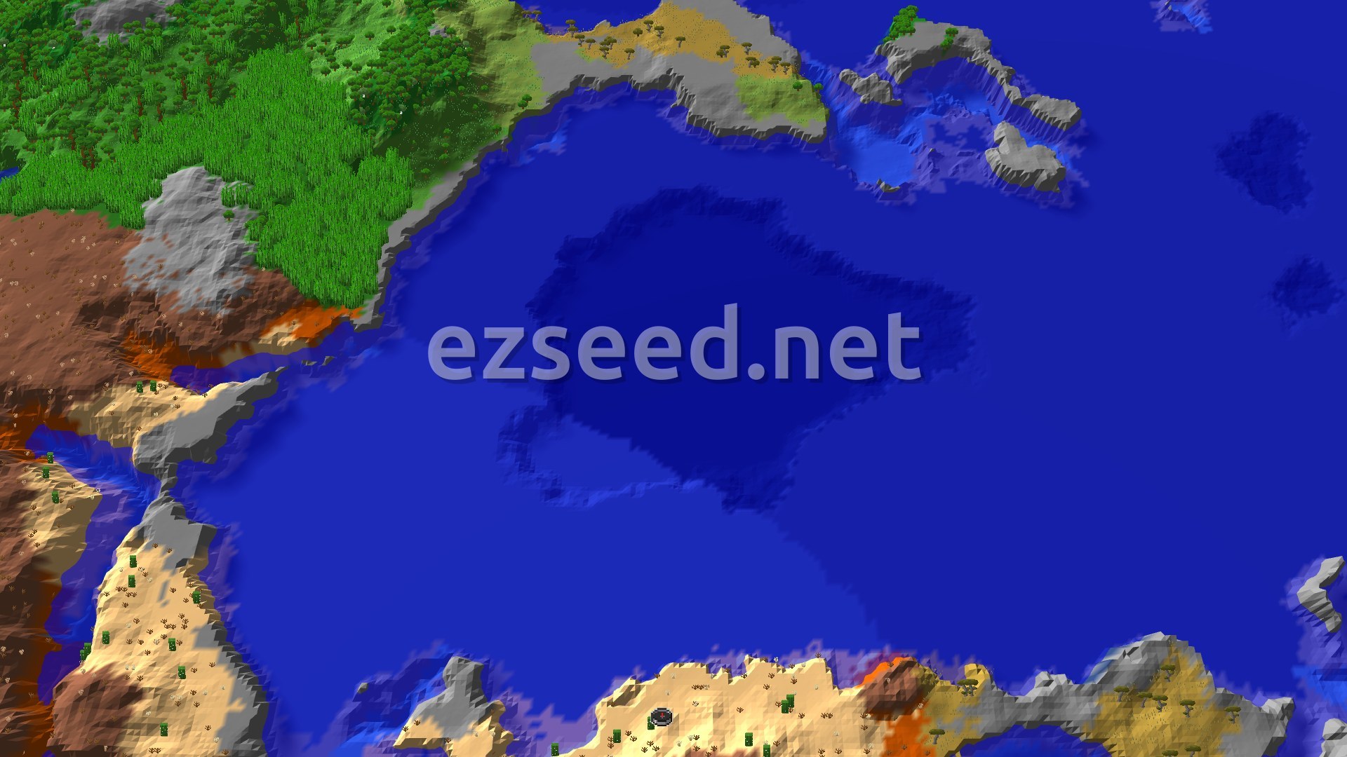 Aerial Minecraft seed map — Spawn in Desert, with Eroded Badlands and Trial Chambers nearby
