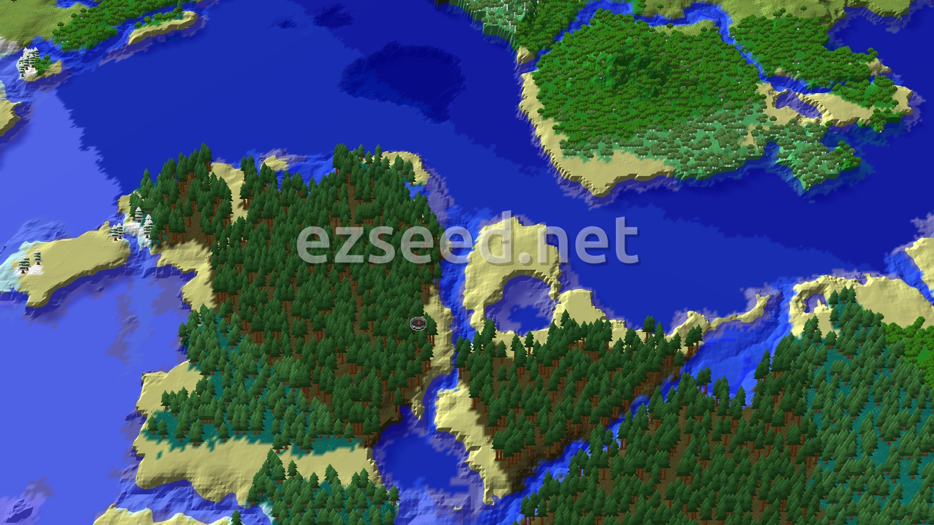 An aerial view of a heavily forested island, primarily Old Growth Pine Taiga, surrounded by water and sandy beaches, with a small spawn marker near the center.
