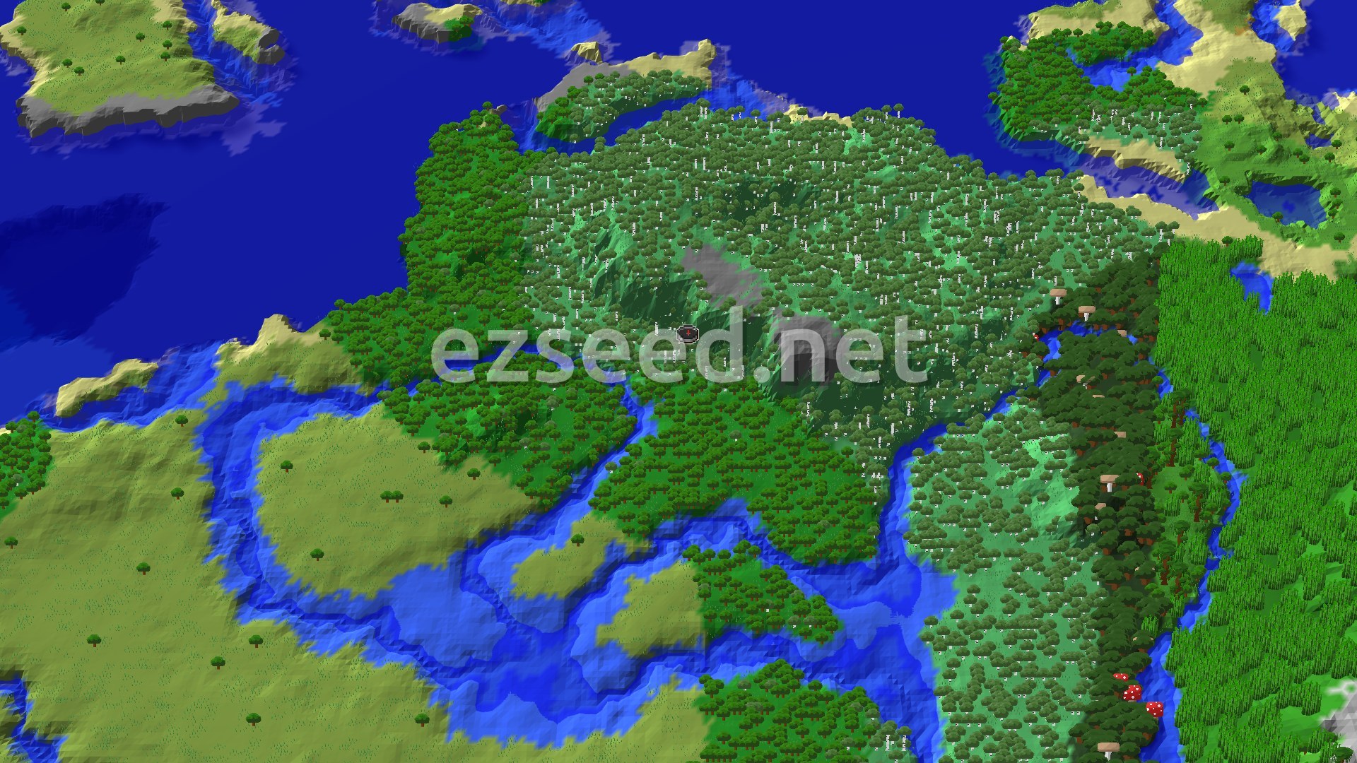 Aerial Minecraft seed map — Old Growth Birch Forest with Jungle and Trial Chambers