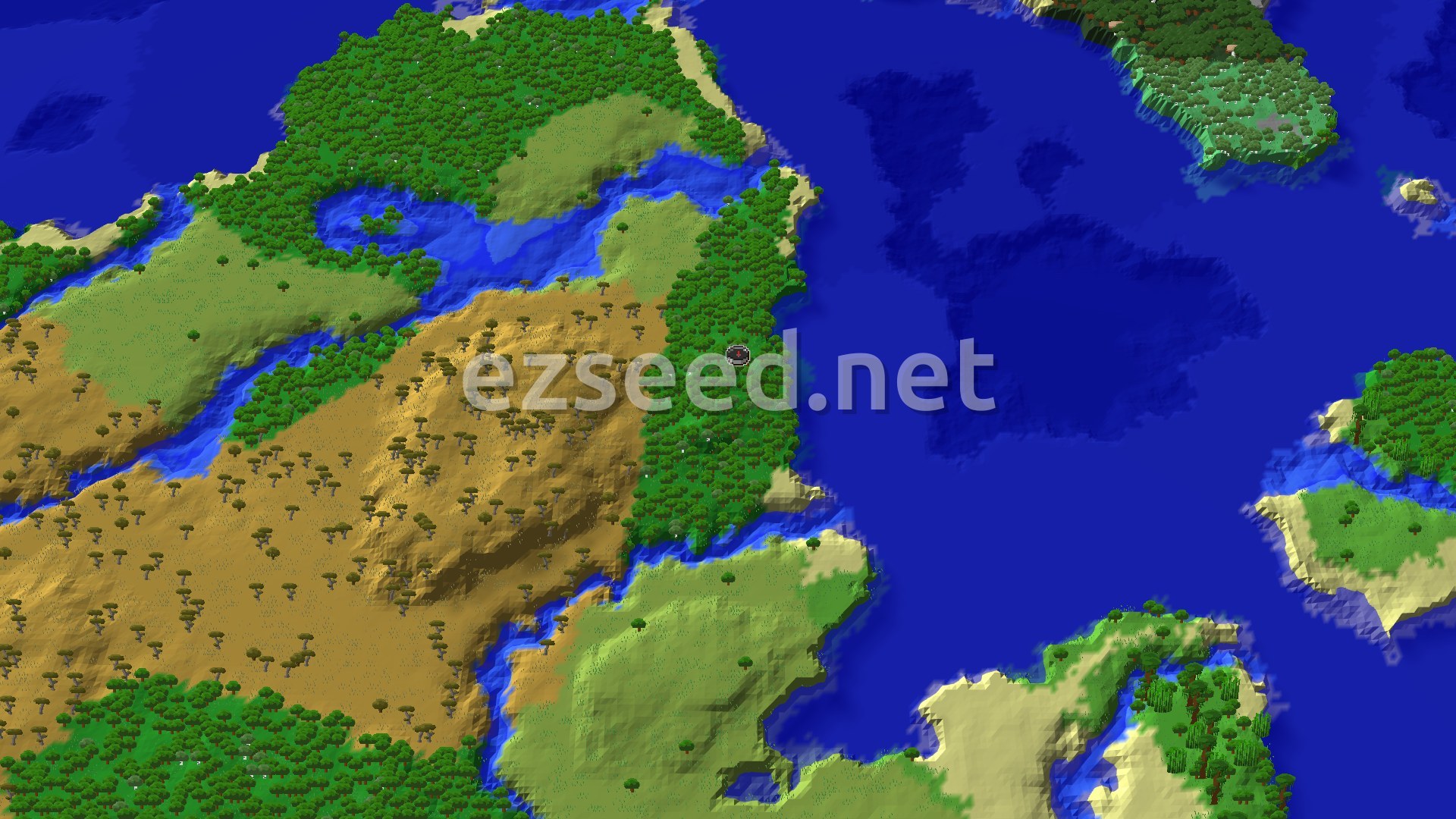 Aerial Minecraft seed map — Minecraft Seed with Savanna Hills and Nearby Jungle
