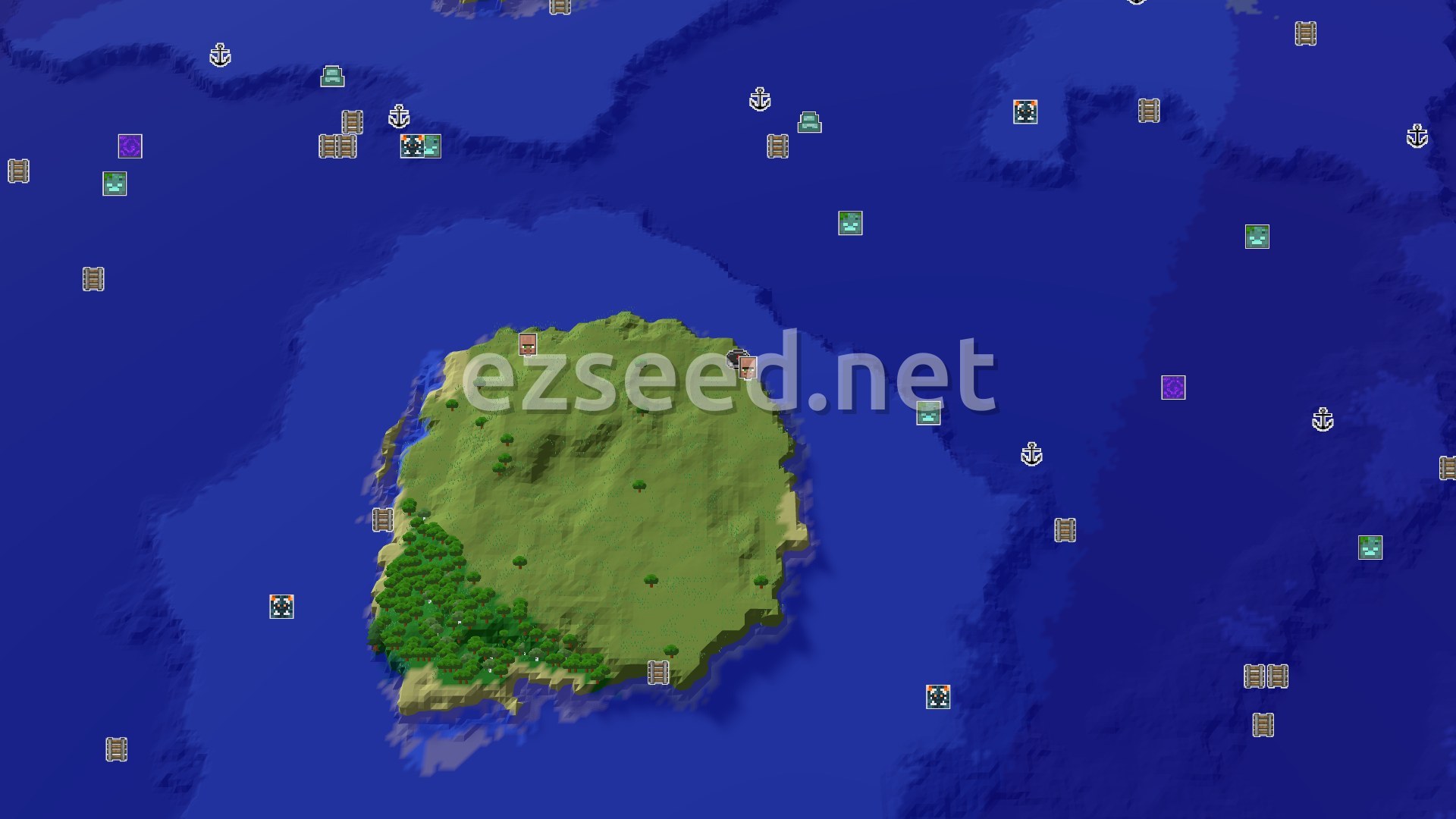 Aerial Minecraft seed map — Island Start with a Nearby Village and Ocean Views