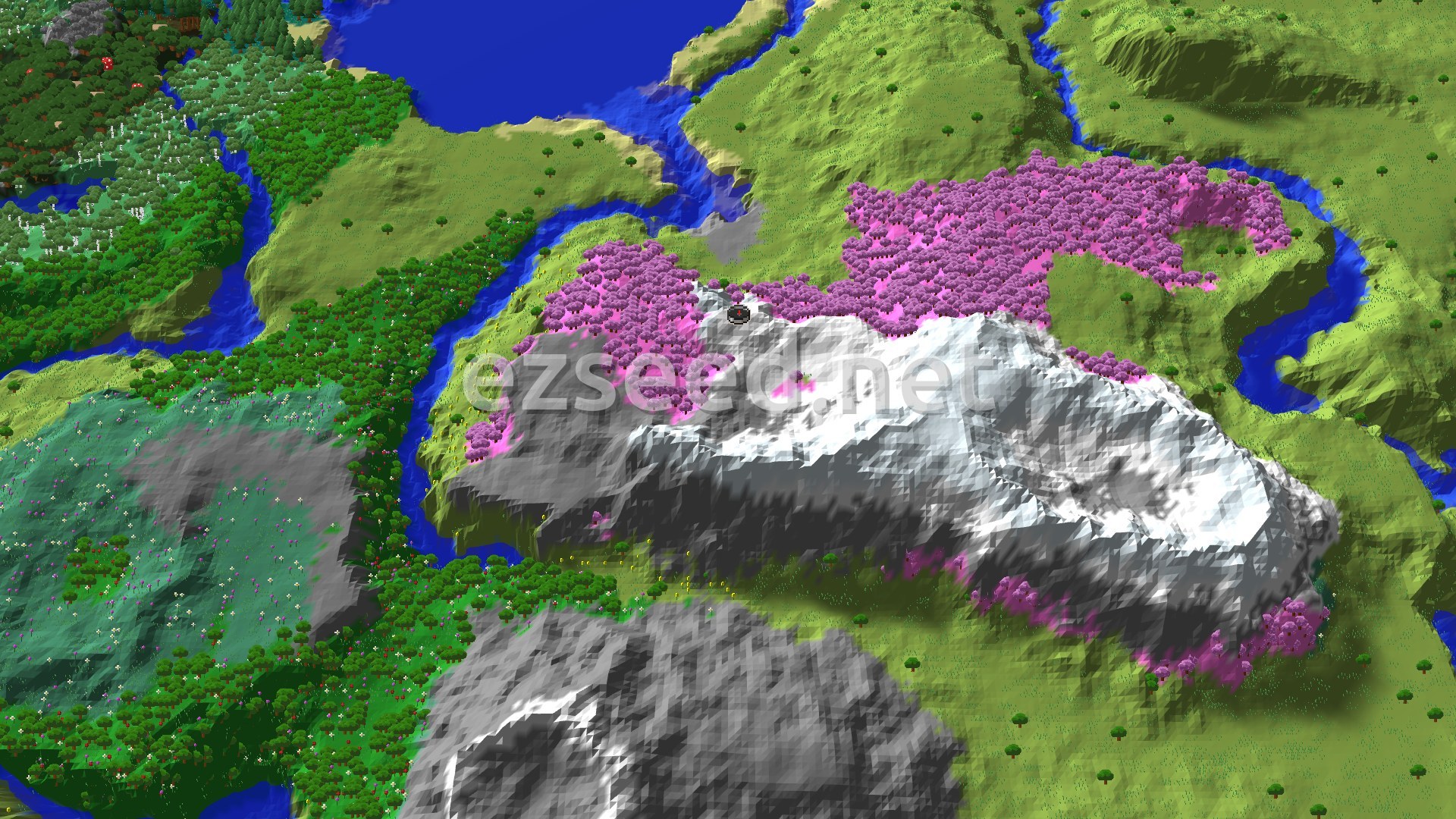 Aerial Minecraft seed map — Ancient City at Spawn with Cherry Grove Mountains