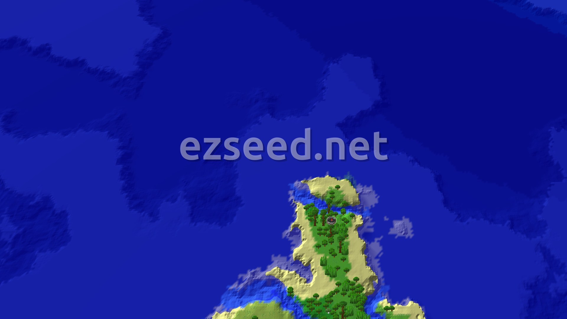 An aerial view of a jungle island surrounded by ocean, with a small spawn marker in the center.
