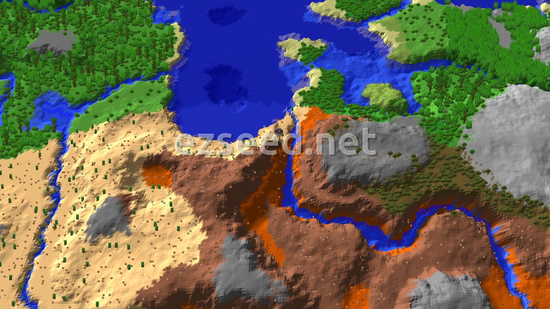 A 3D fly-over image of a diverse landscape with a desert in the foreground, transitioning into badlands and a large body of water, flanked by lush green forests and smaller islands.