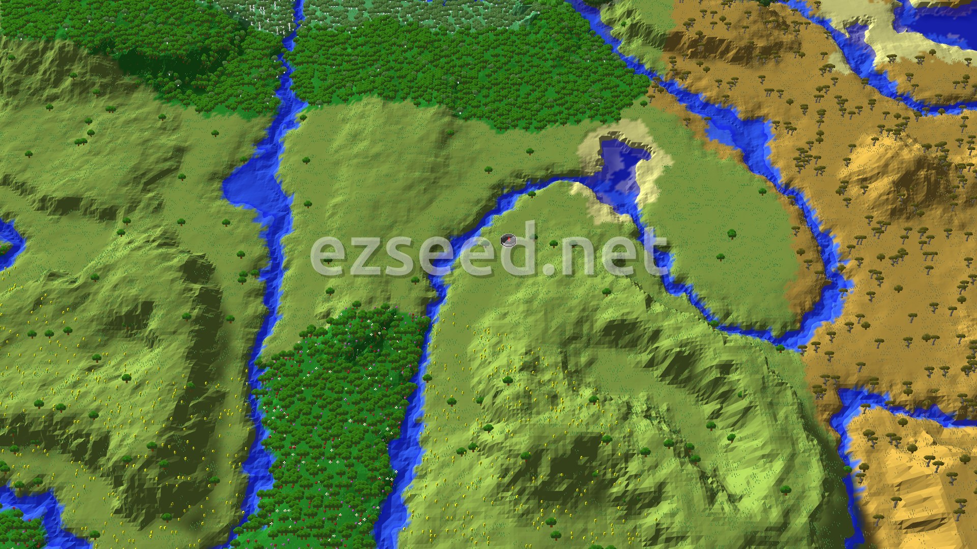 Aerial Minecraft seed map — Plains Spawn with Nearby Flower Forest and Ruined Portal