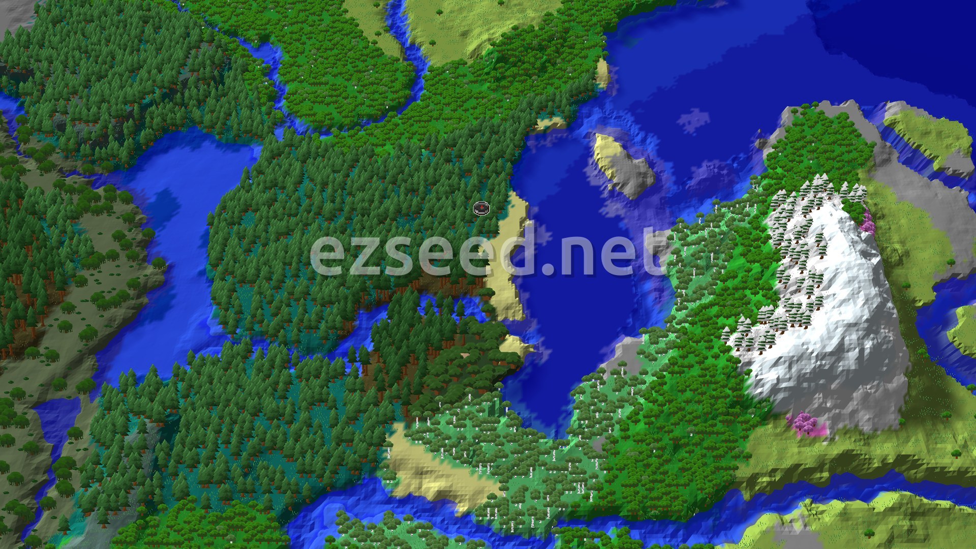 Aerial Minecraft seed map — Taiga Spawn with Nearby Ocean and Frozen Peaks