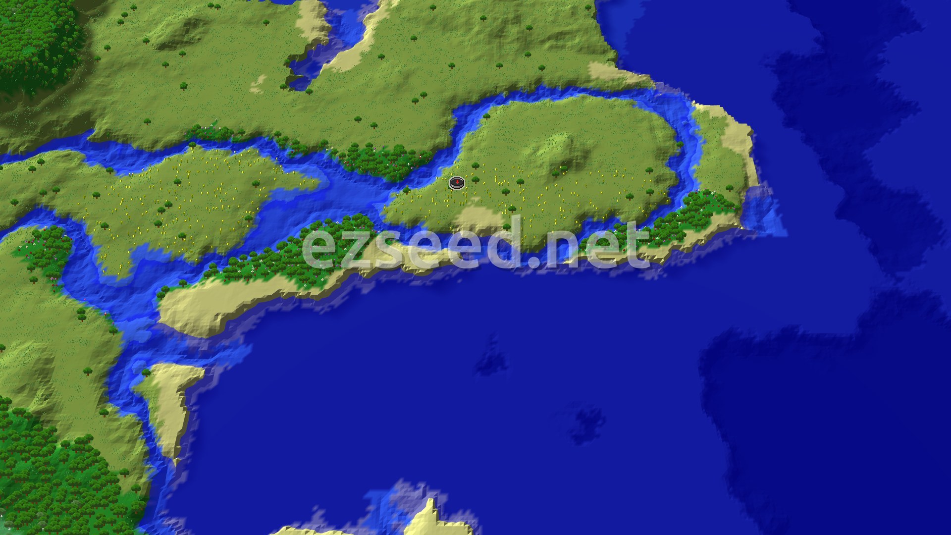 Aerial Minecraft seed map — A Riverine Start with a Nearby Flower Forest