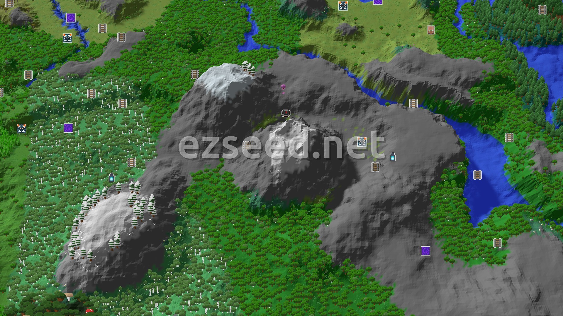 Aerial Minecraft seed map — Towering Peaks and Buried Treasures