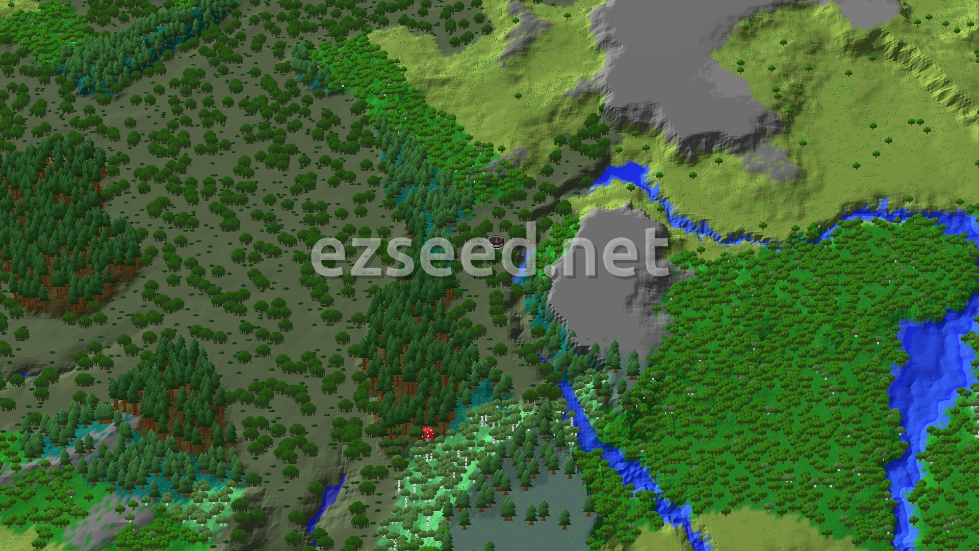 Aerial Minecraft seed map — Swamp Spawn with Nearby Trail Ruins and Village