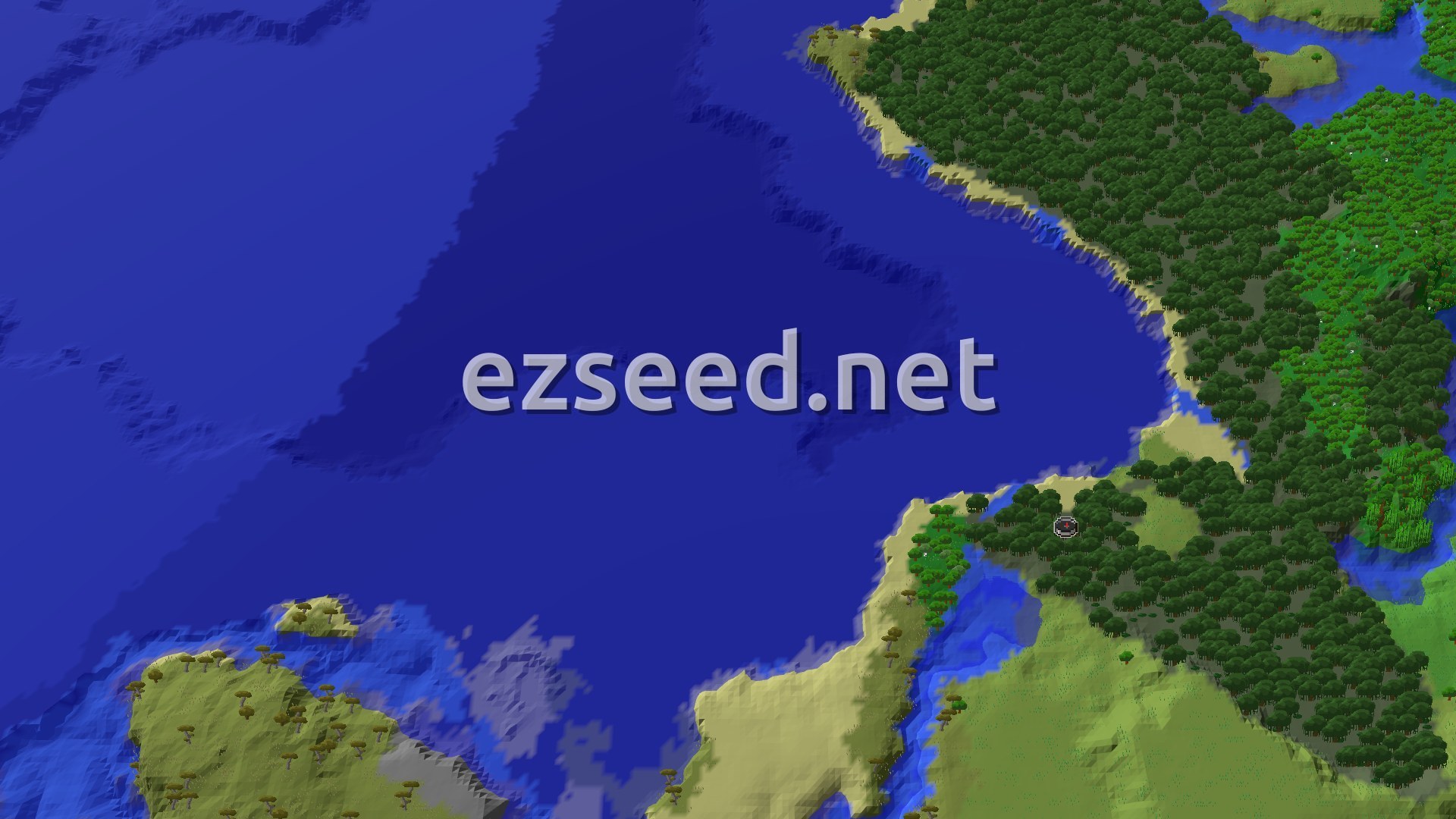 An aerial view of a large body of water, with a coastline featuring dense green forests, light sandy beaches, and some lighter green grassy plains. A small spawn marker is visible near the bottom center.