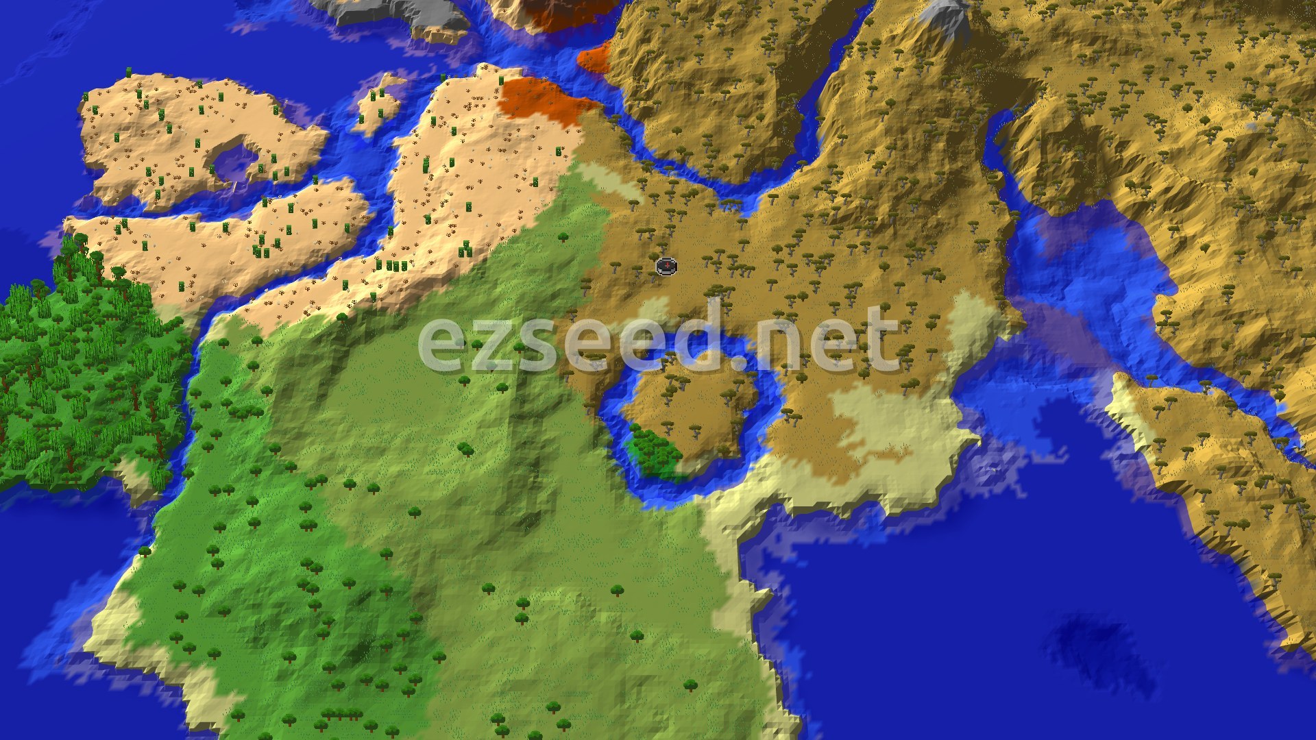 A 3D fly-over of a varied landscape around spawn, showing rolling savanna hills, patches of desert with cacti, and a dense green jungle area, all cut by blue rivers and ocean. A small spawn marker sits in the central savanna.