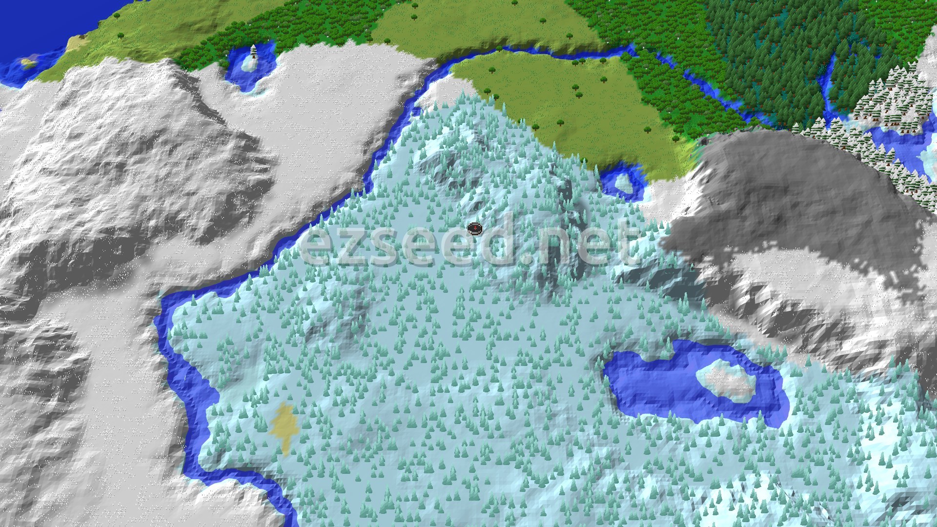 A bird's-eye view of a snowy landscape with ice spikes, surrounded by mountains and a river, with a green forest in the distance.
