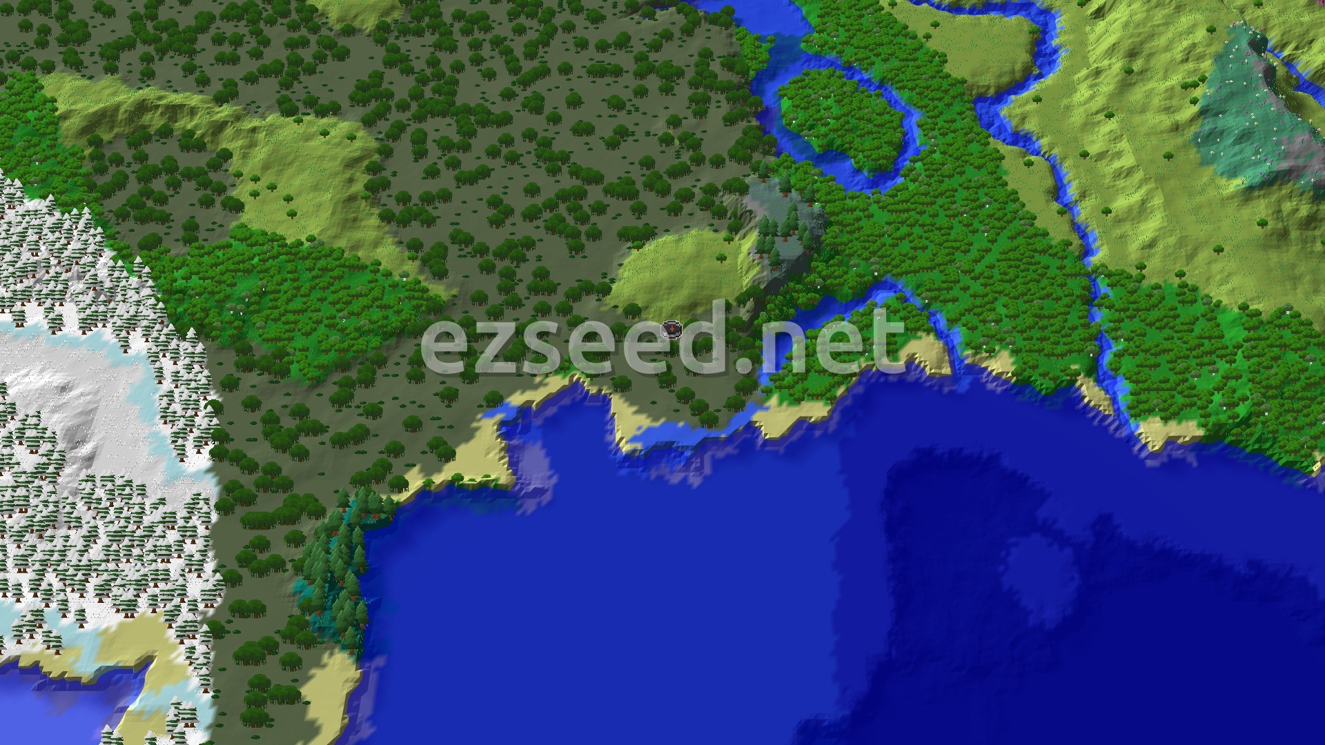An aerial view showing a green forested landscape with a swamp and river winding through it, bordered by an ocean and snowy mountains in the distance.