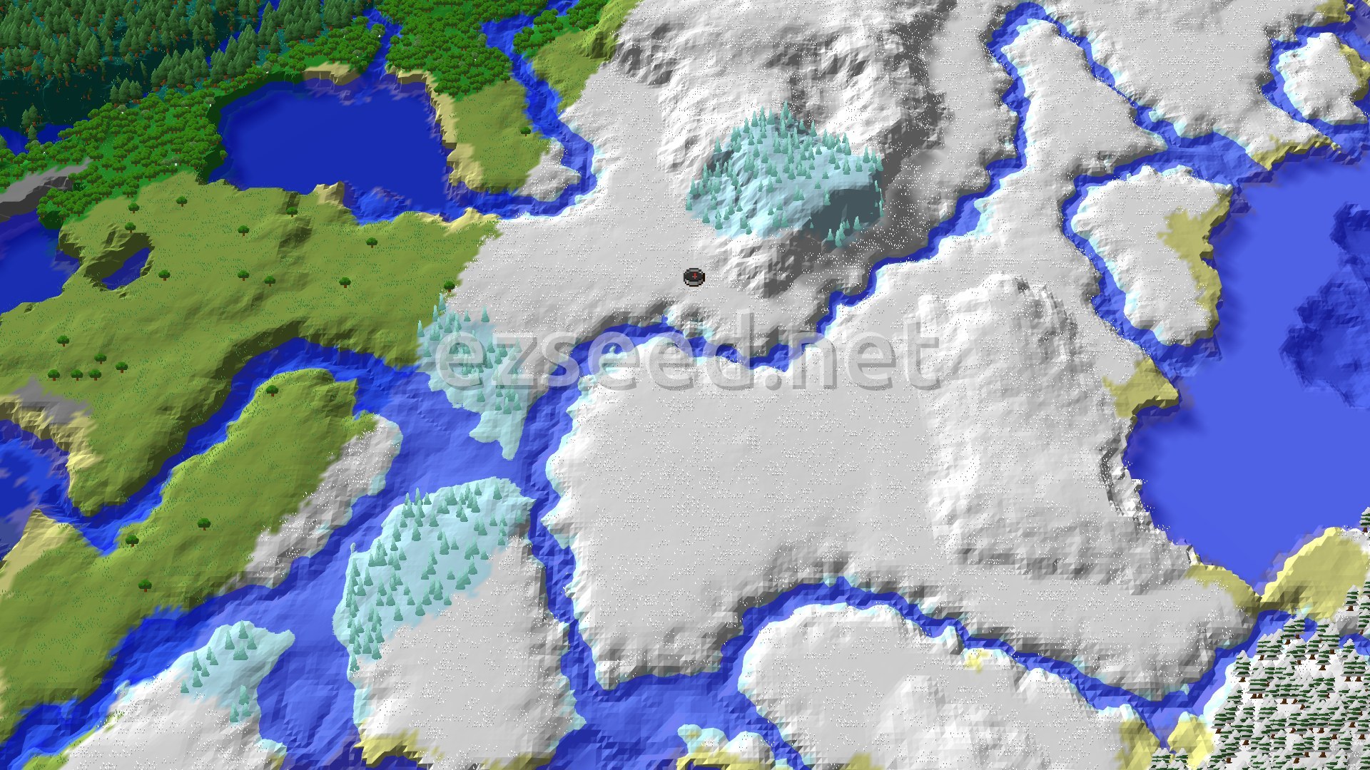 A bird's-eye view of a snowy landscape with patches of green forest and blue water, a small spawn marker in the center.