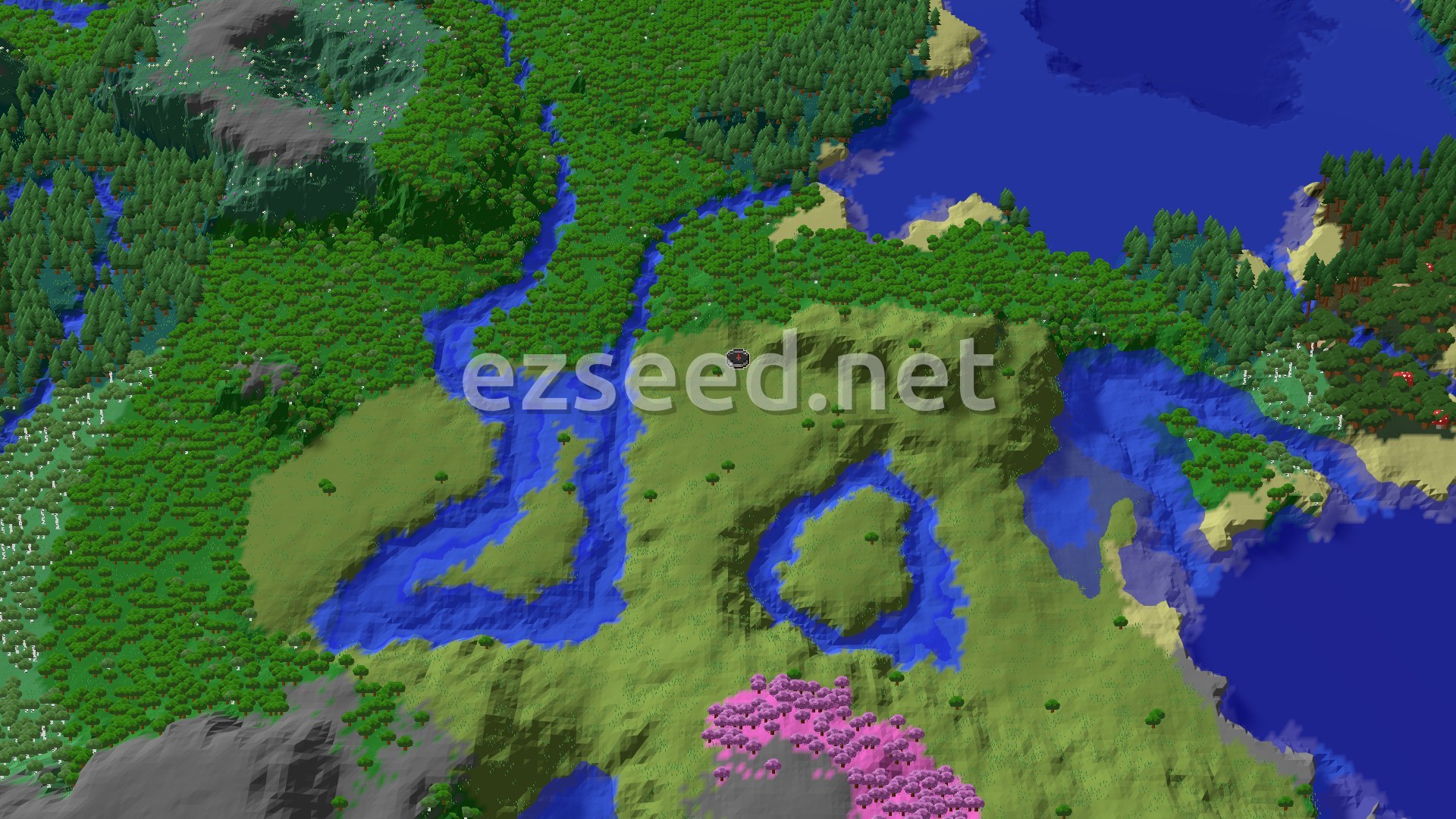 Aerial Minecraft seed map — A Gentle Plains Start with a Nearby Cherry Grove