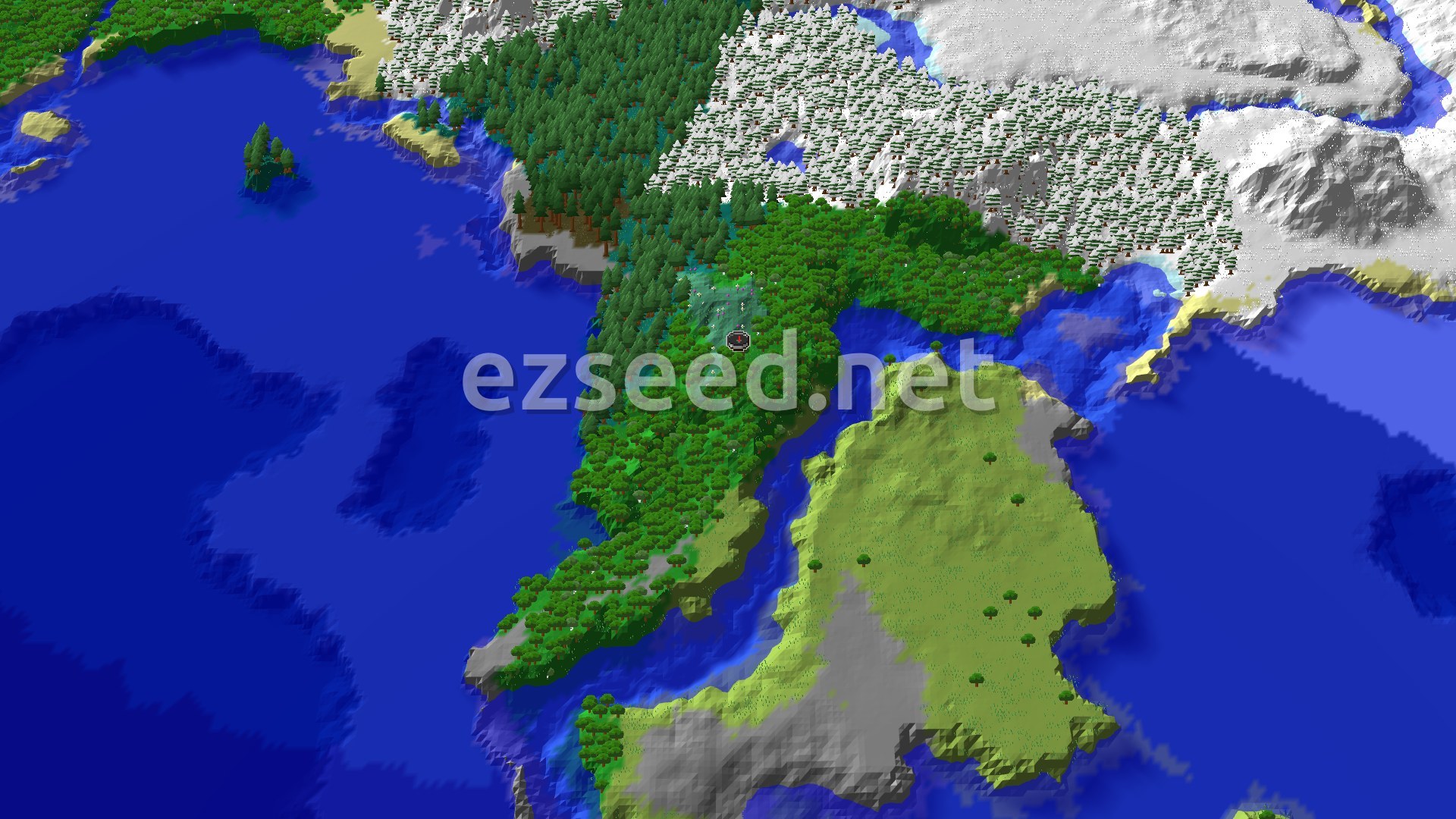 Aerial Minecraft seed map — Spawn in a Forest, Explore Nearby Snow and Ocean