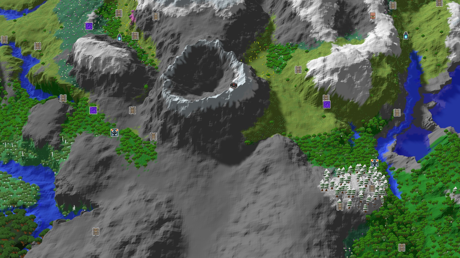 A 3D overhead view of a mountainous, snowy spawn area, with forests, rivers, and a large central crater-like mountain.