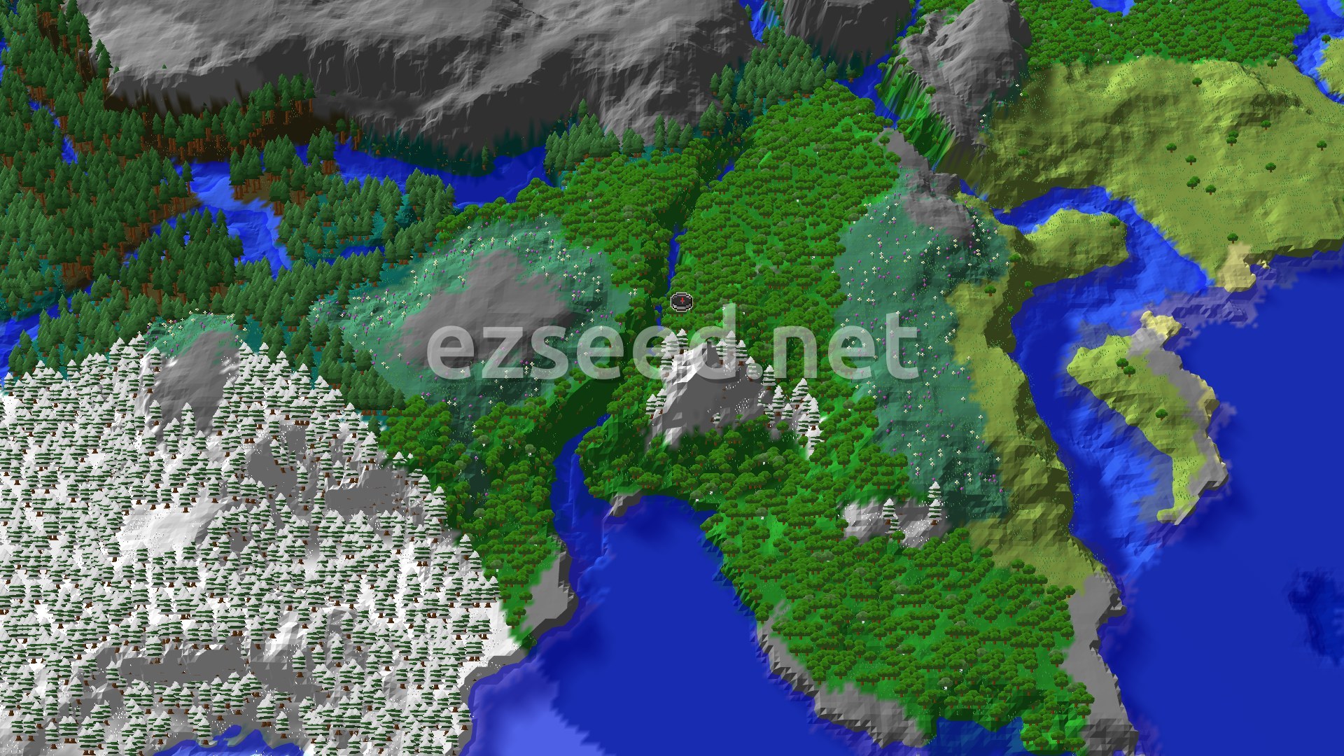 Aerial Minecraft seed map — Spawn in a Forest with Close Trial Chambers and Mountains