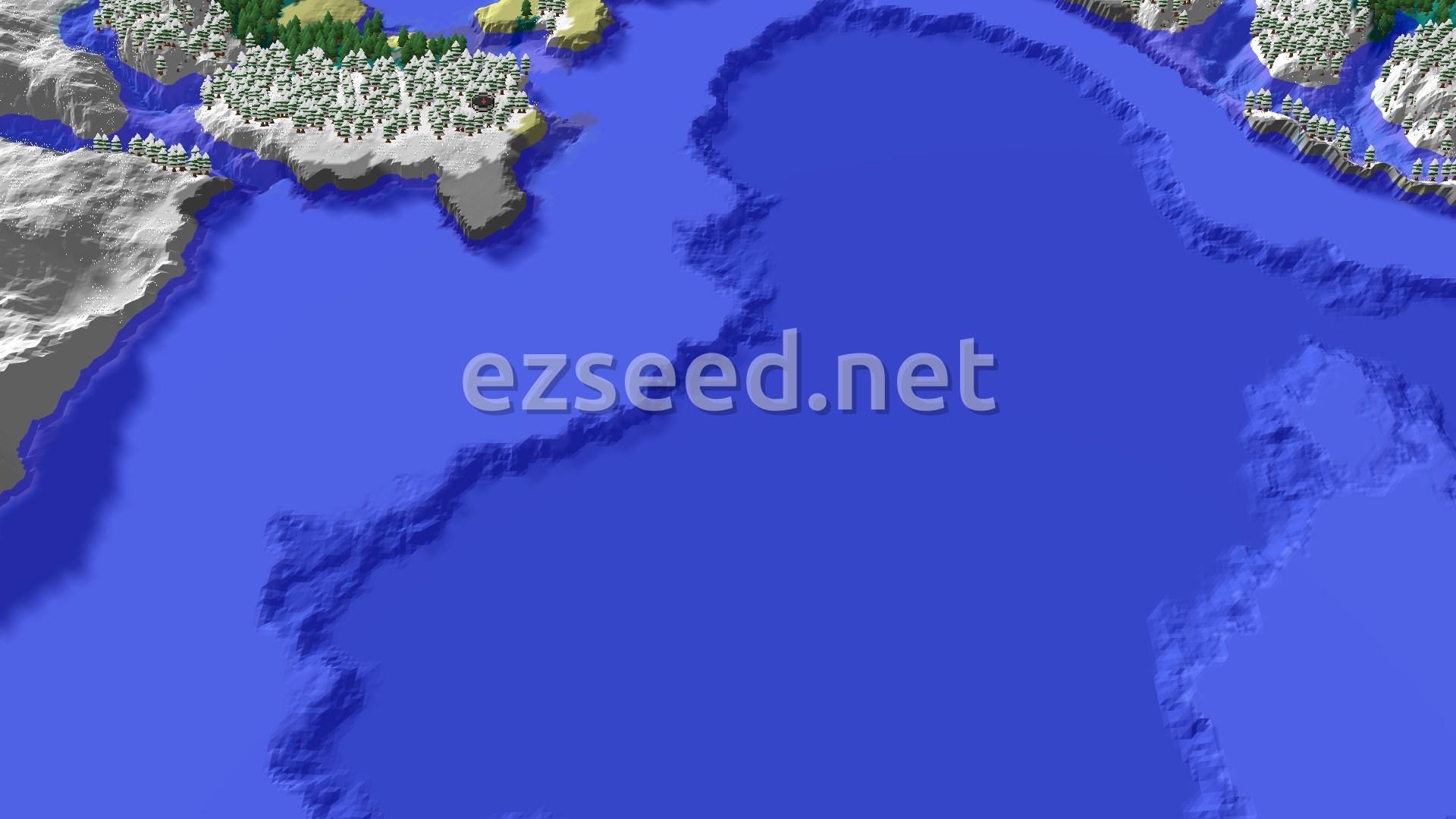 Aerial Minecraft seed map — Frozen Ocean and Icy Peaks with Nearby Trial Chambers