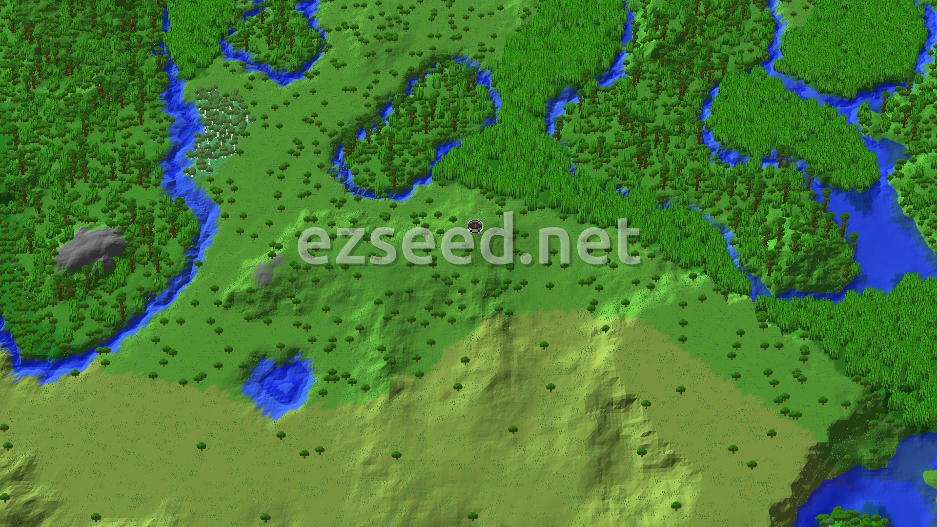 A 3D overhead view of a diverse landscape with dense jungle, sparse trees, and winding rivers, with a spawn marker in the center.