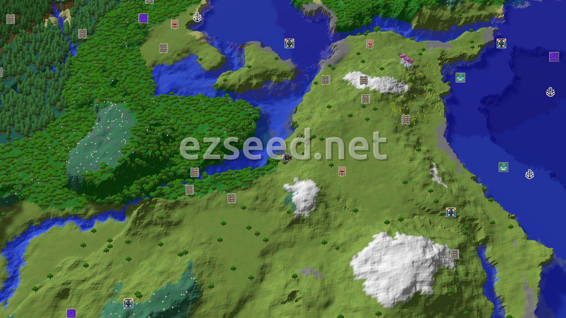 Aerial Minecraft seed map — A Quiet Plains Start with Hidden Mountain Majesty Nearby