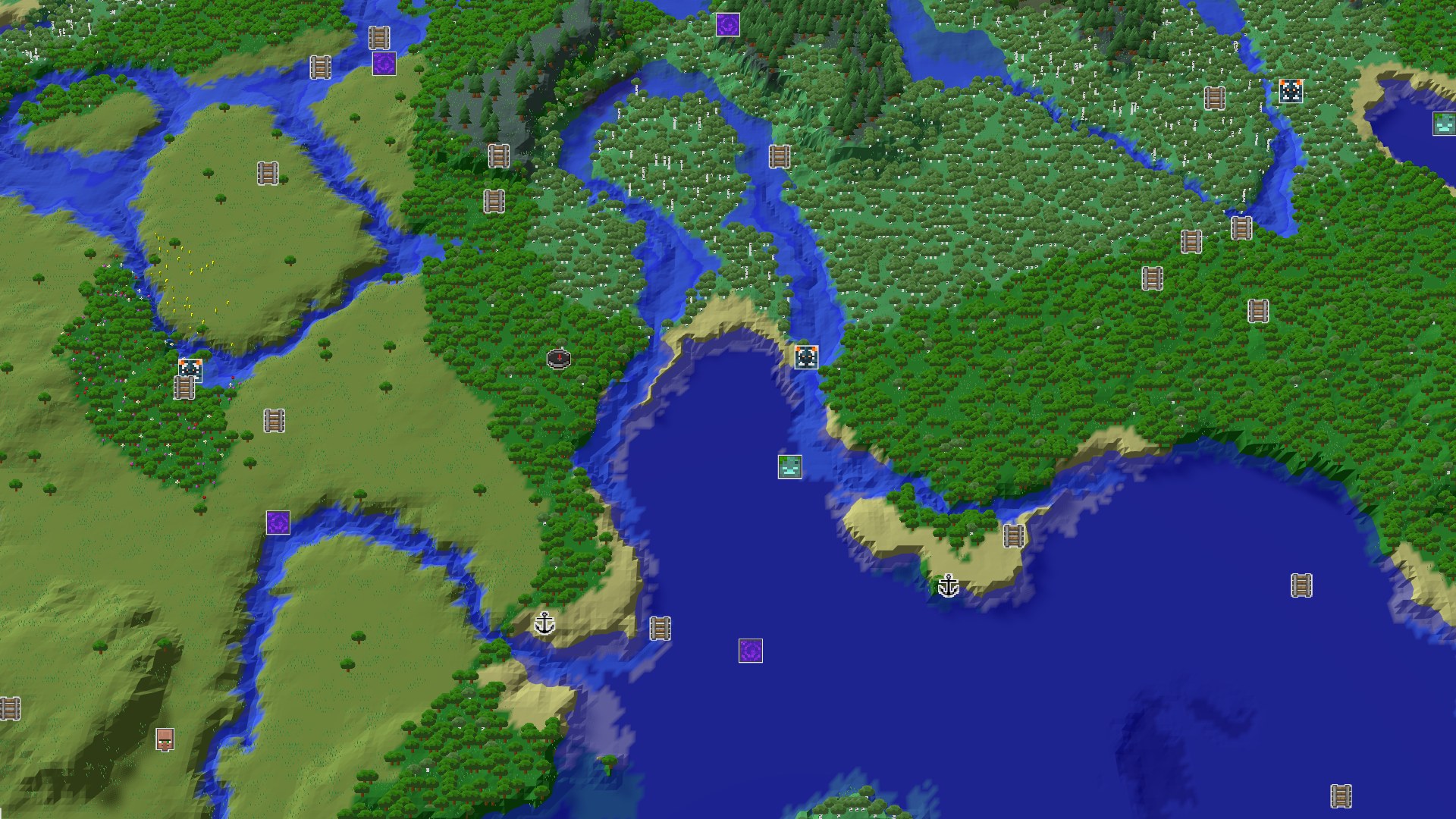 An aerial view of a verdant forest biome with a winding river system and a large ocean bay to the south. The terrain is mostly flat to gently rolling, covered in many trees, with sandy beaches along the coastline.