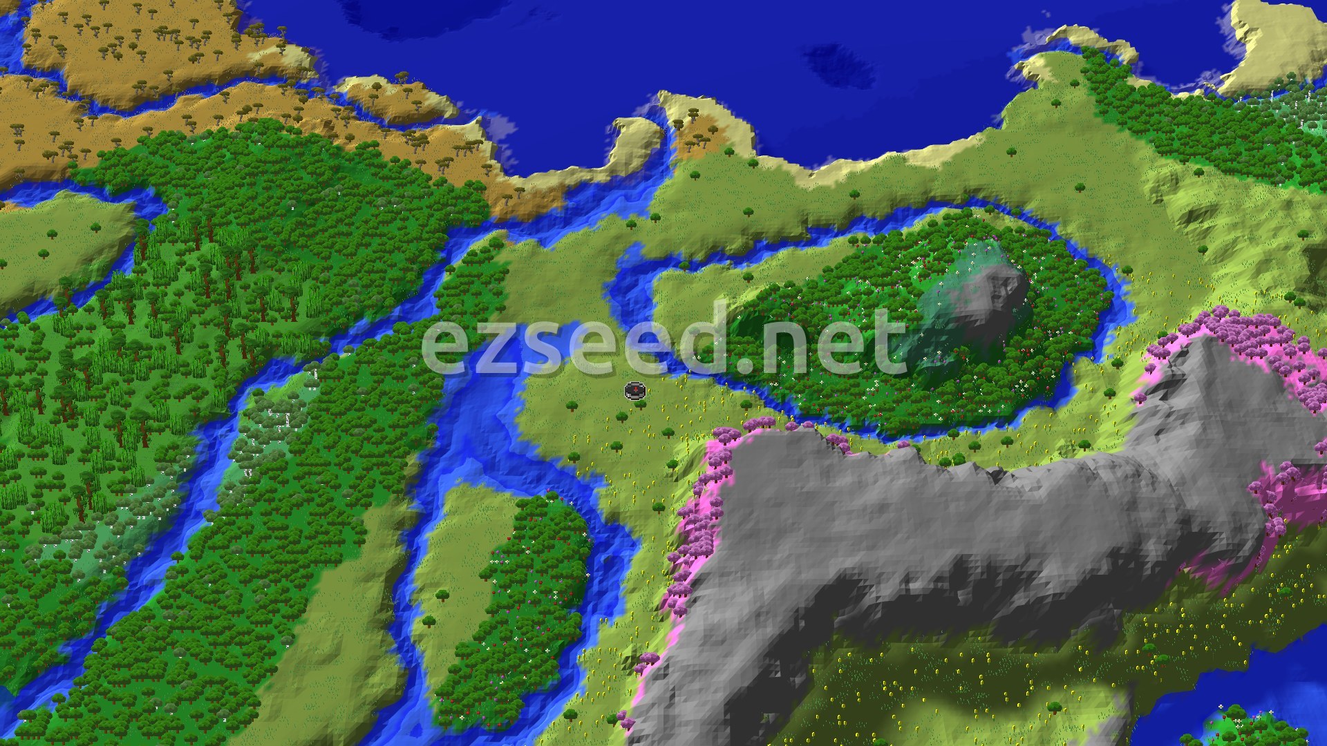 Aerial Minecraft seed map — Cherry Grove and Plains with Nearby Trials