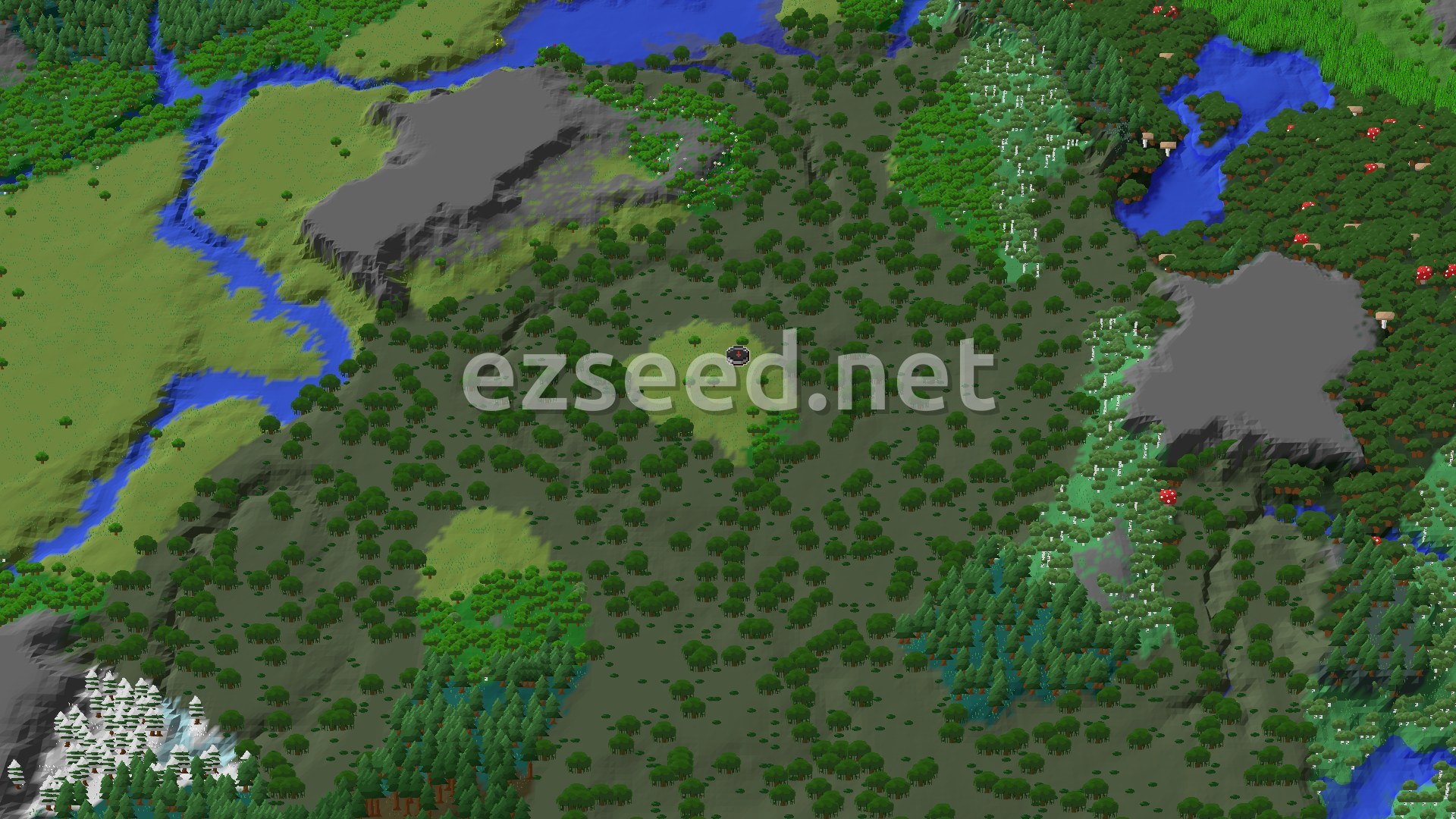 An aerial view of a mostly flat plains biome with scattered trees, a small river, and a distant forest. A spawn marker is visible in the center.