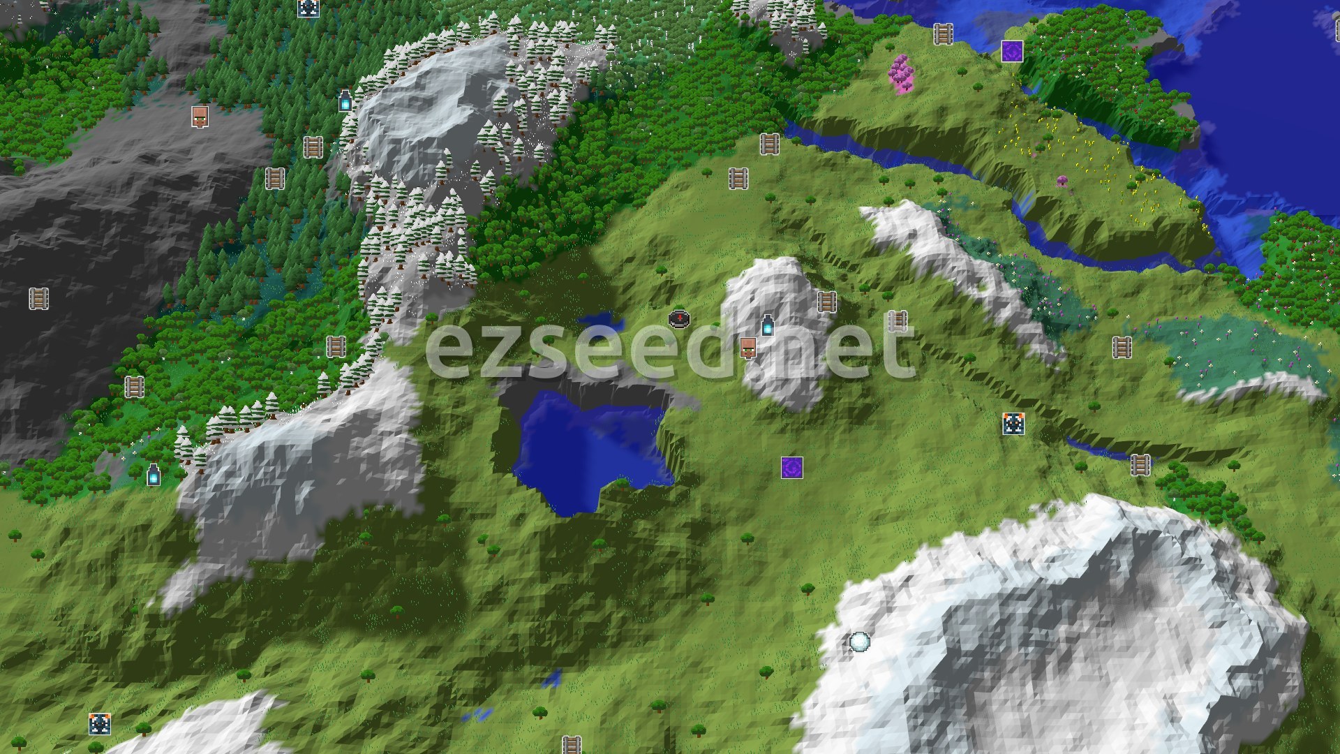 Aerial Minecraft seed map — A Mountainous Start with Nearby Early Game Loot