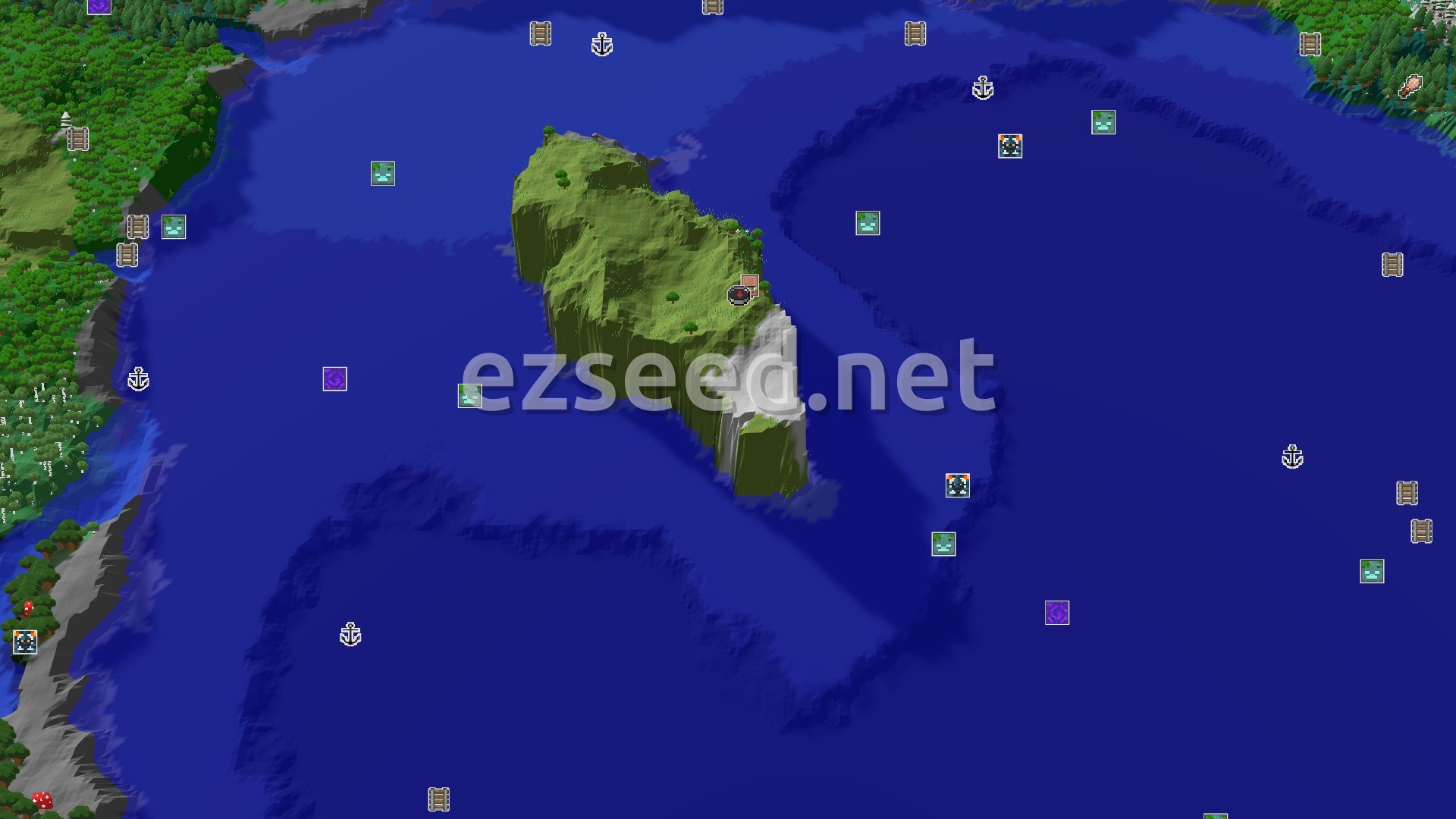 Aerial Minecraft seed map — Plains Spawn with a Nearby Village and Towering Peaks