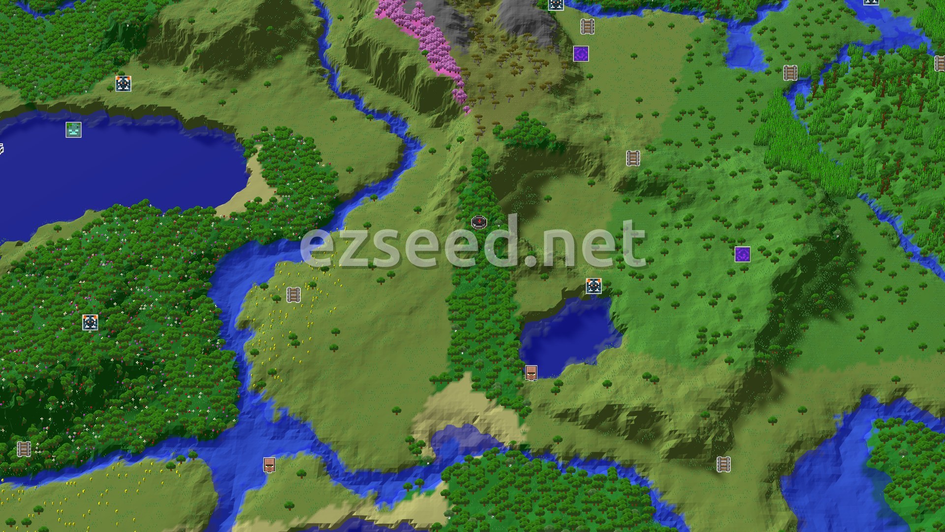 An overhead view of a diverse Minecraft landscape with forest, plains, and sparse jungle biomes, featuring rolling hills and a winding river.